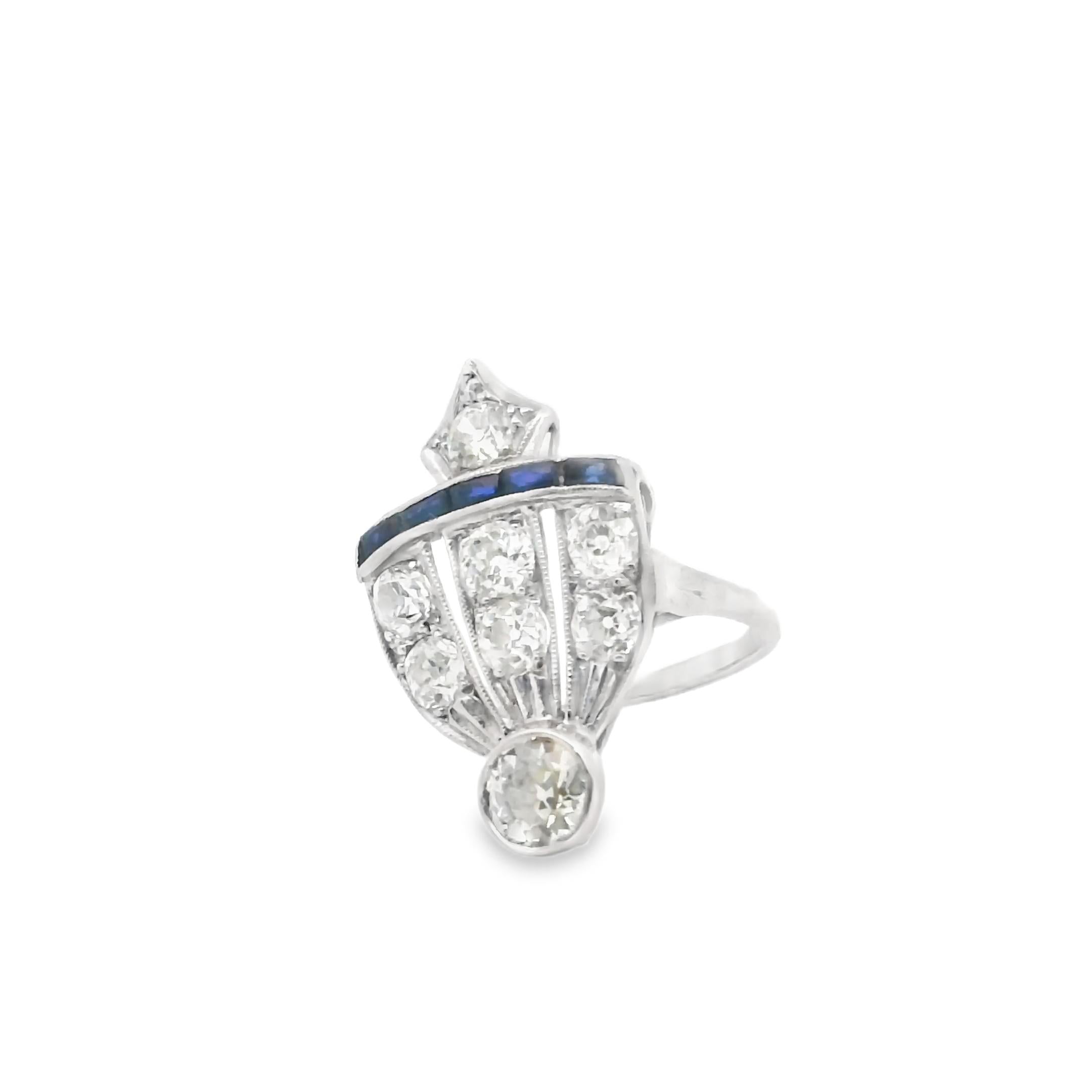 Platinum Art Deco Fan Ring with Diamonds & Sapphires, 1930s