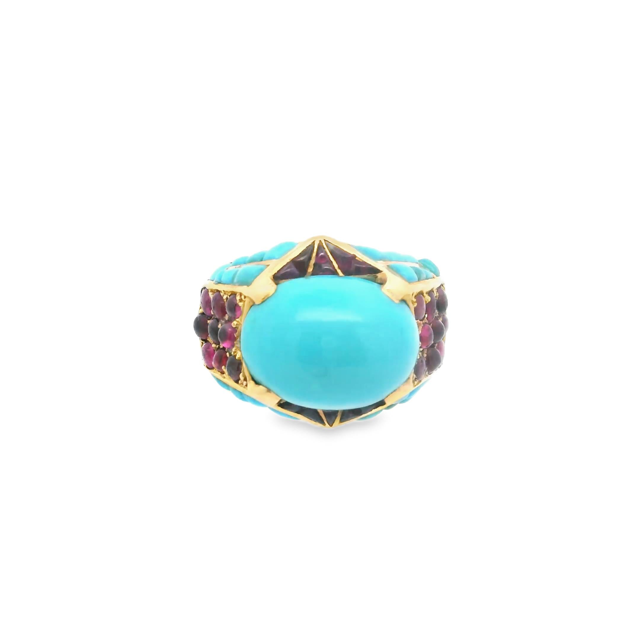 French 1940s Turquoise and Ruby Geometric Ring