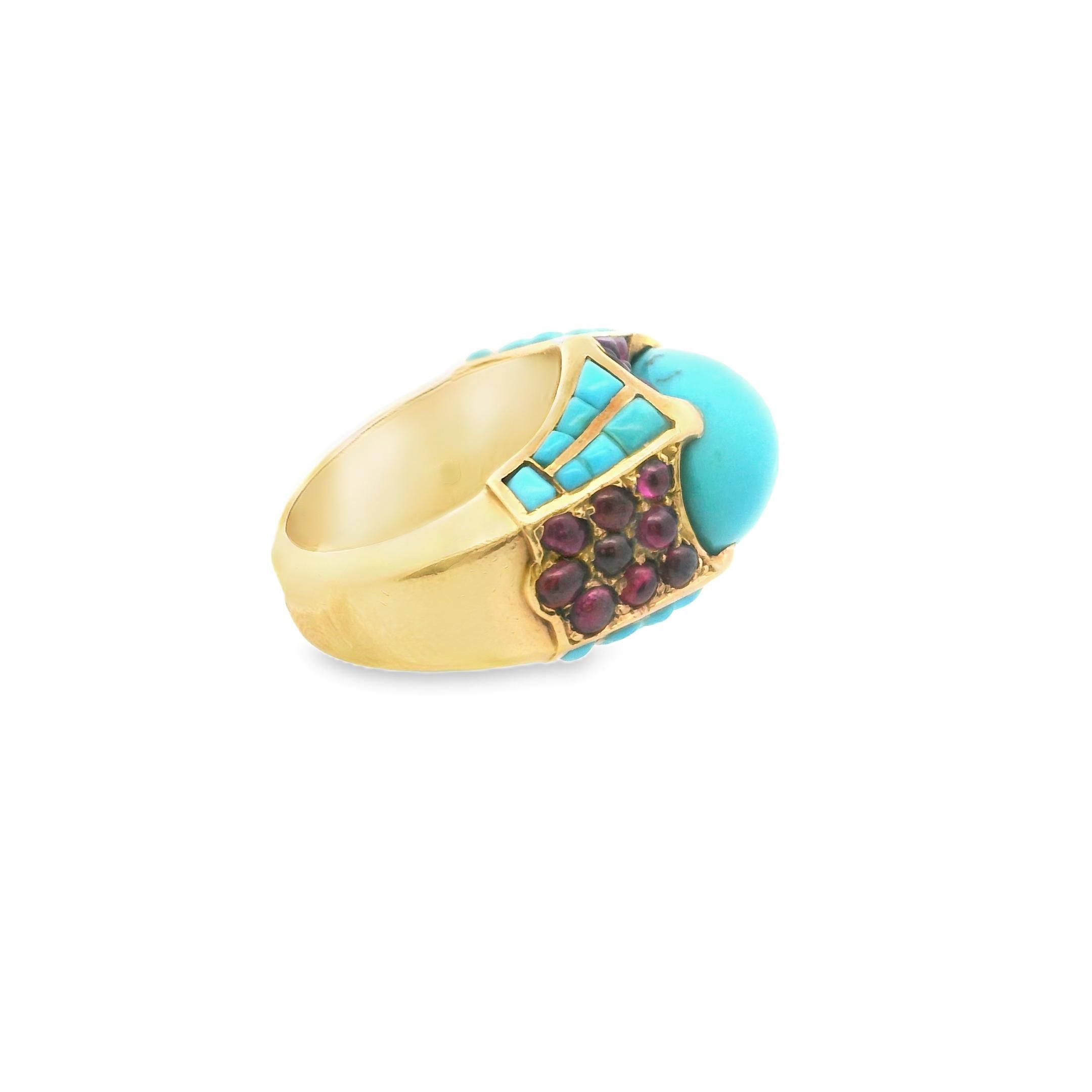 French 1940s Turquoise and Ruby Geometric Ring