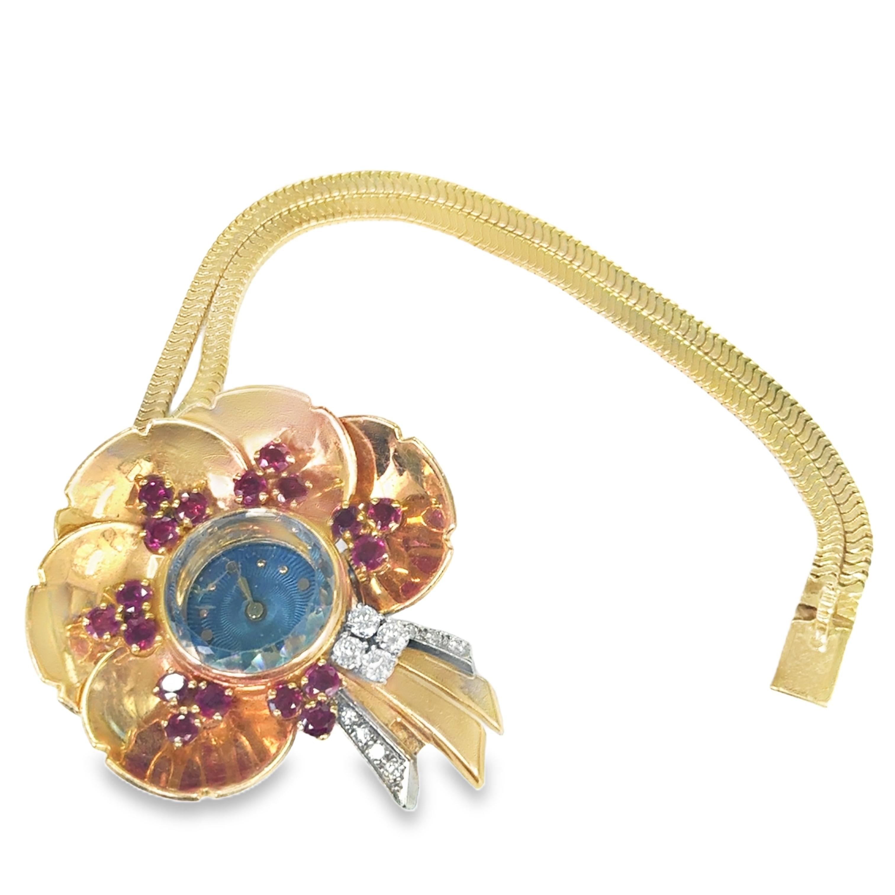 1940s Two-Tone Gold Floral Watch with Ruby and Diamond Accents