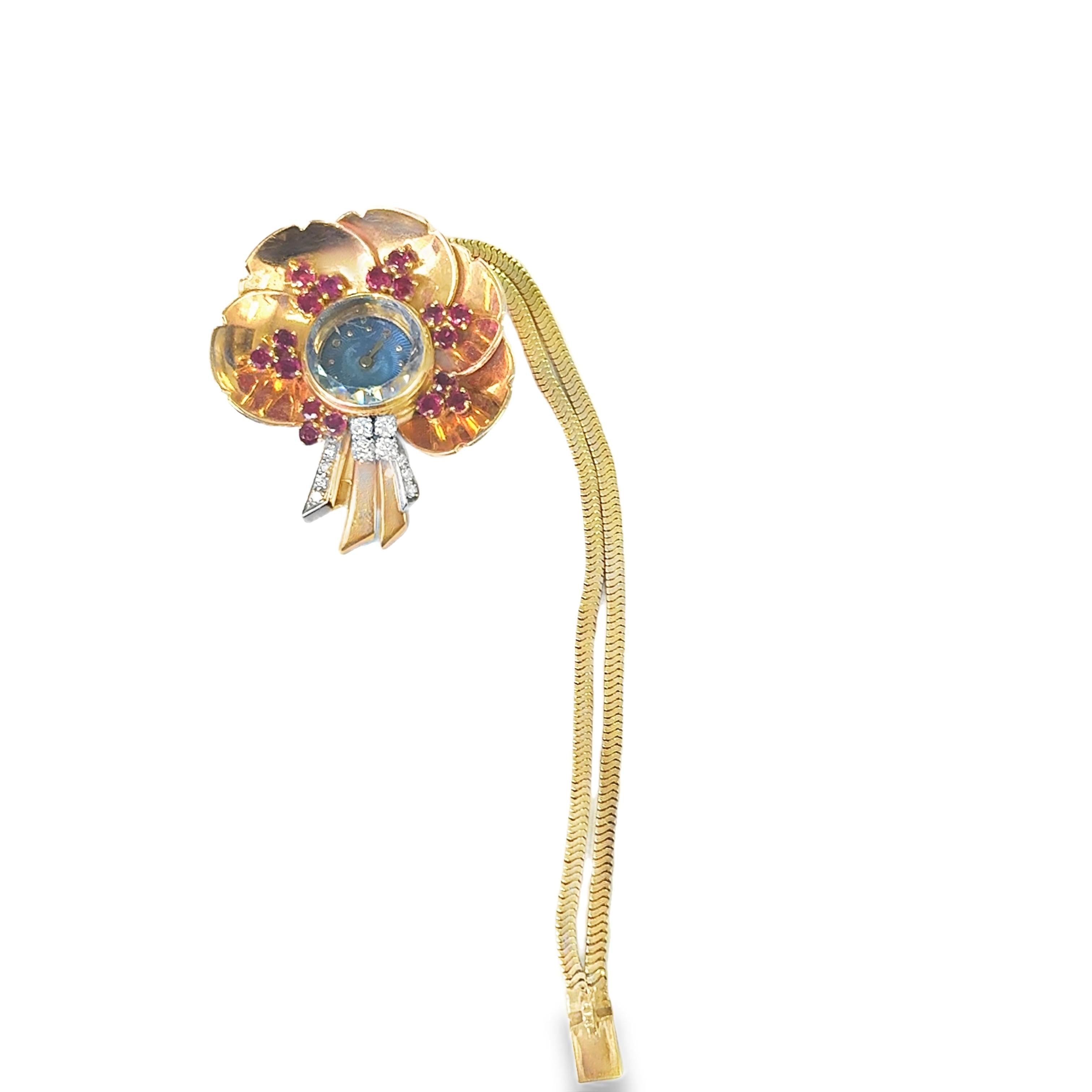 1940s Two-Tone Gold Floral Watch with Ruby and Diamond Accents