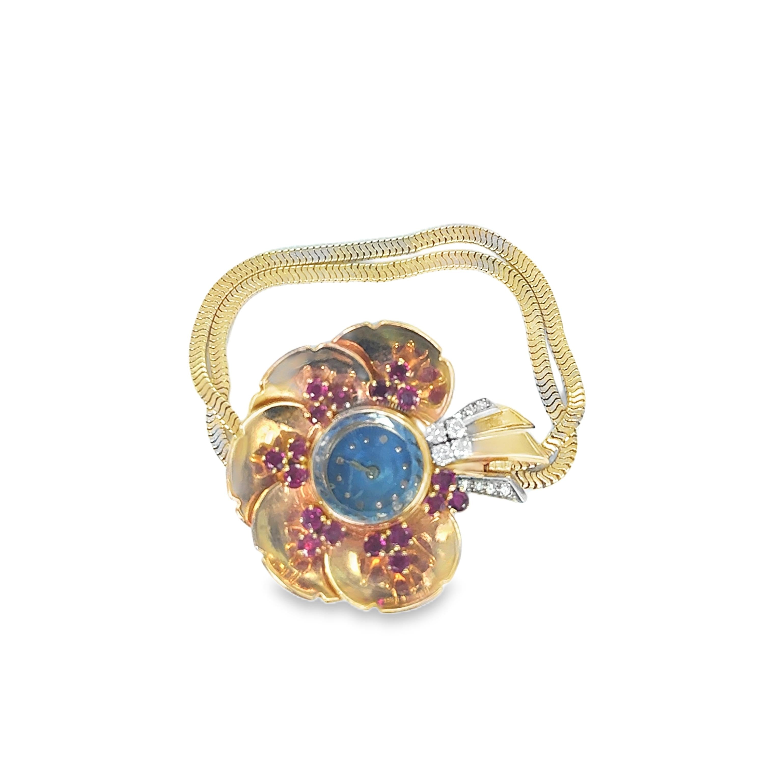 1940s Two-Tone Gold Floral Watch with Ruby and Diamond Accents