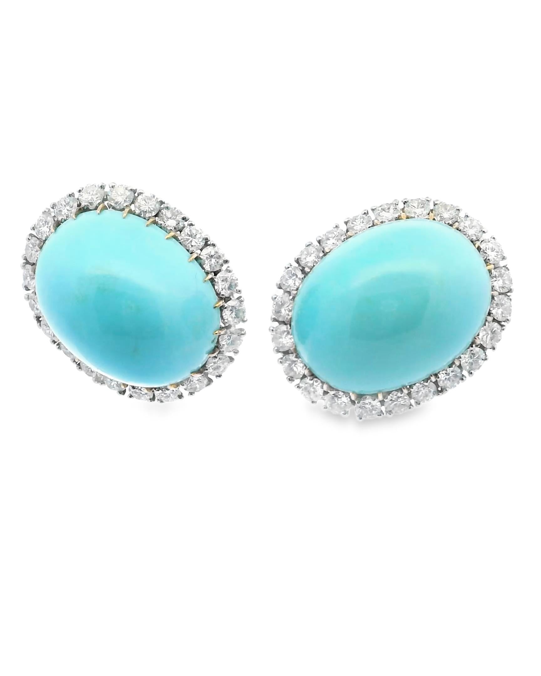 Cartier Paris 1950's Persian Turquoise, Diamond, Platinum & 18k Gold Earrings