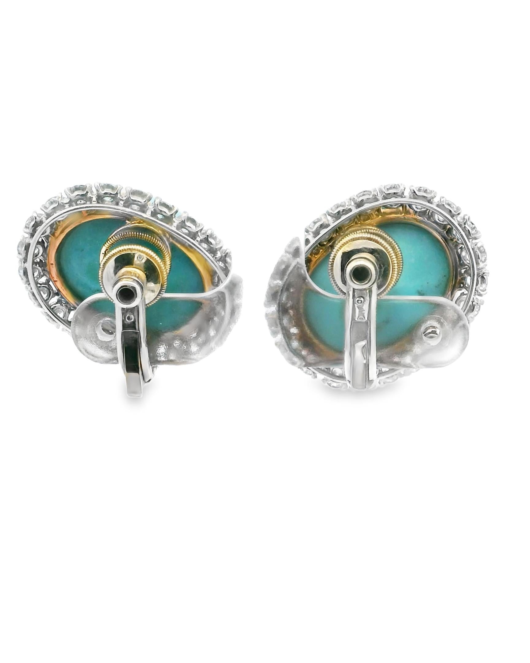 Cartier Paris 1950's Persian Turquoise, Diamond, Platinum & 18k Gold Earrings