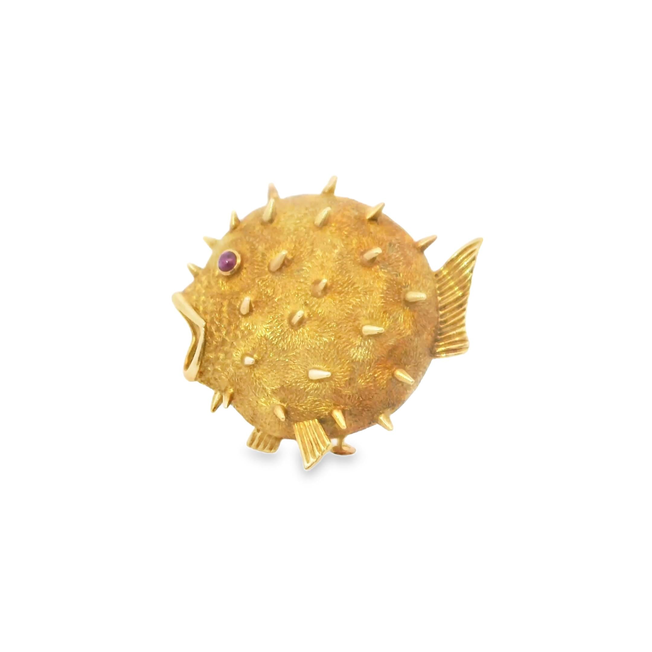 1970's Hermes 18k Yellow Gold Blow Fish Brooch