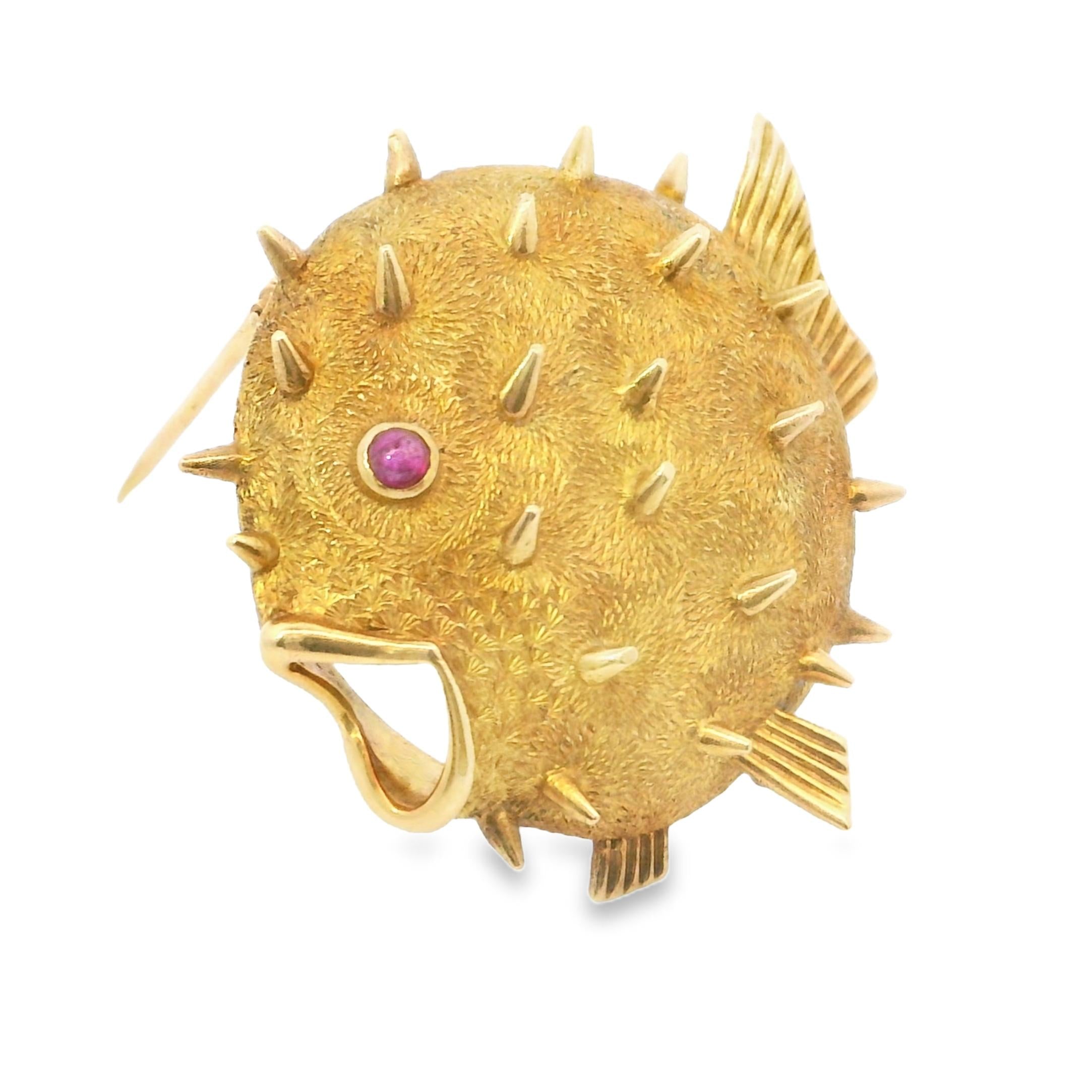 1970's Hermes 18k Yellow Gold Blow Fish Brooch