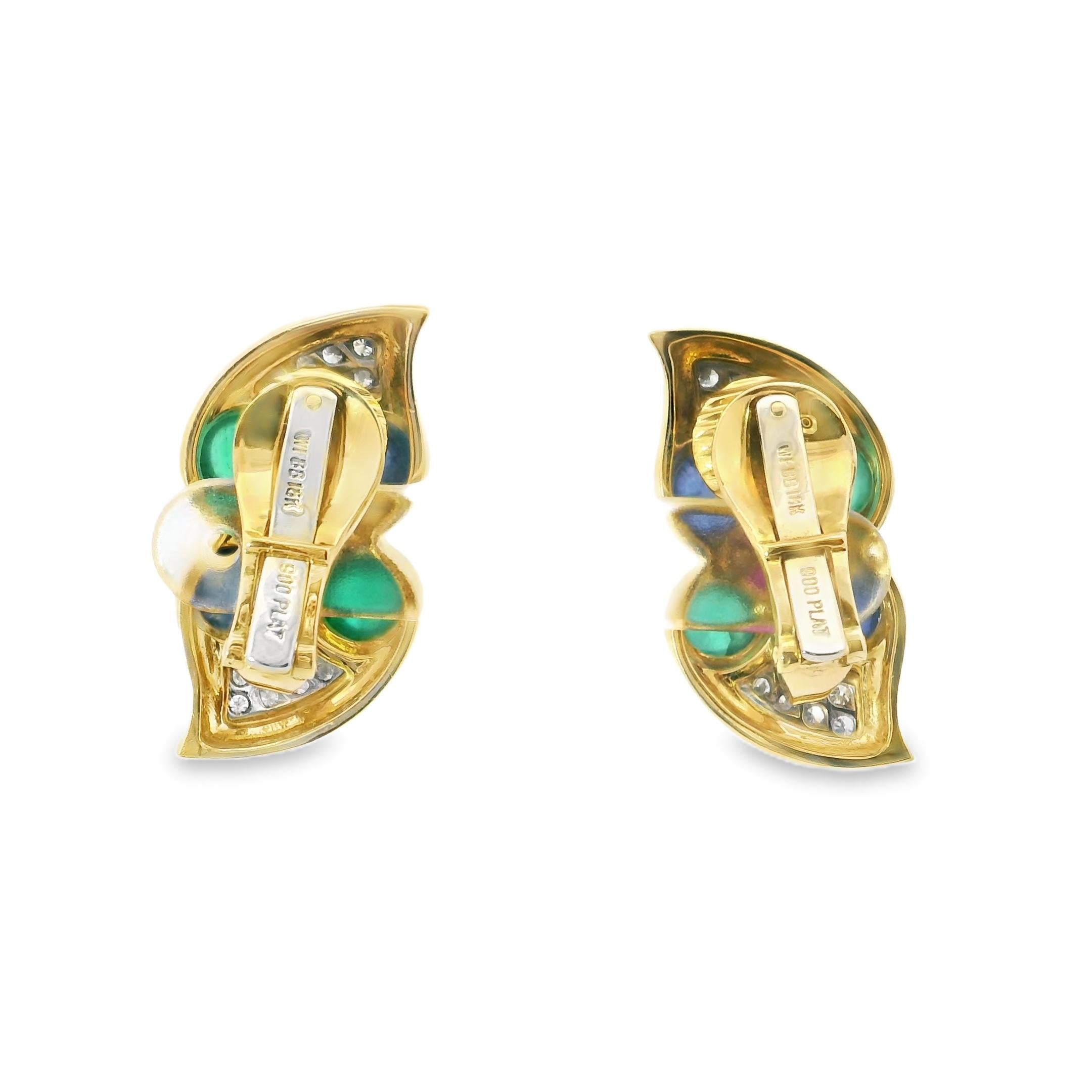 David Webb 18K Yellow Gold Cabochon Sapphire, Emerald, Ruby and Diamond Earrings