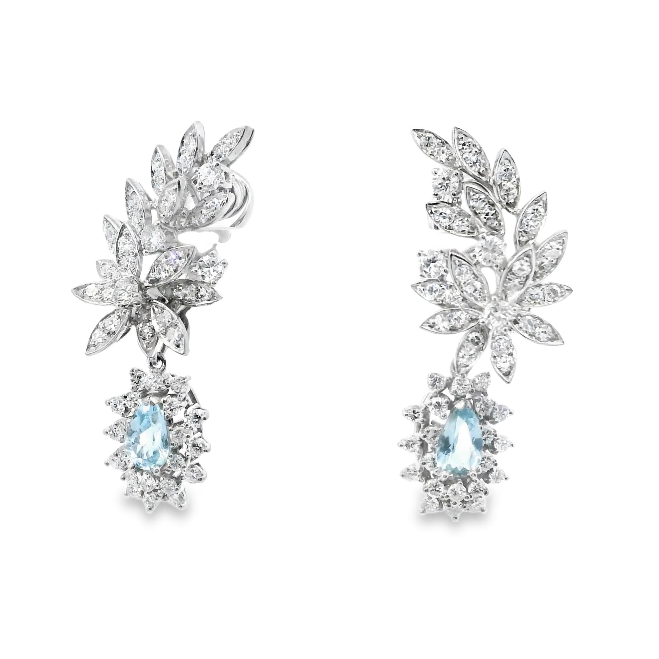1960 Platinum Aquamarine and Diamond Floral Earrings