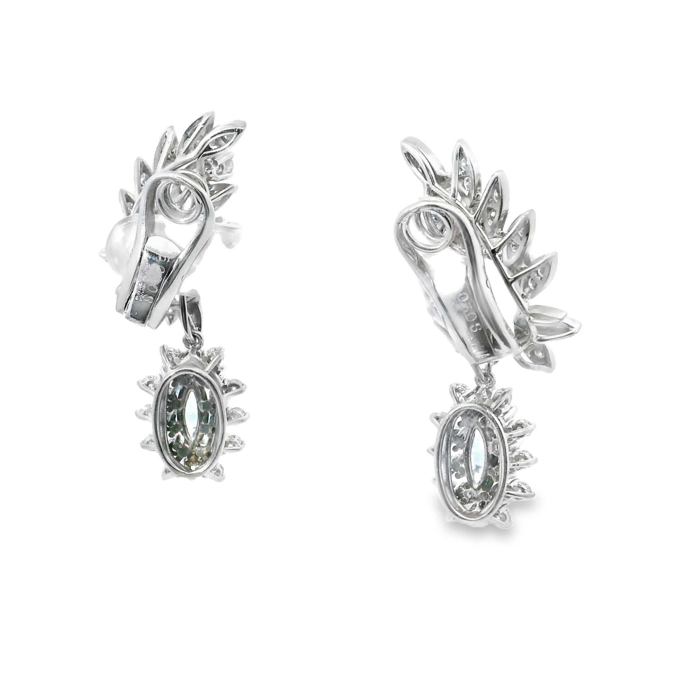 1960 Platinum Aquamarine and Diamond Floral Earrings