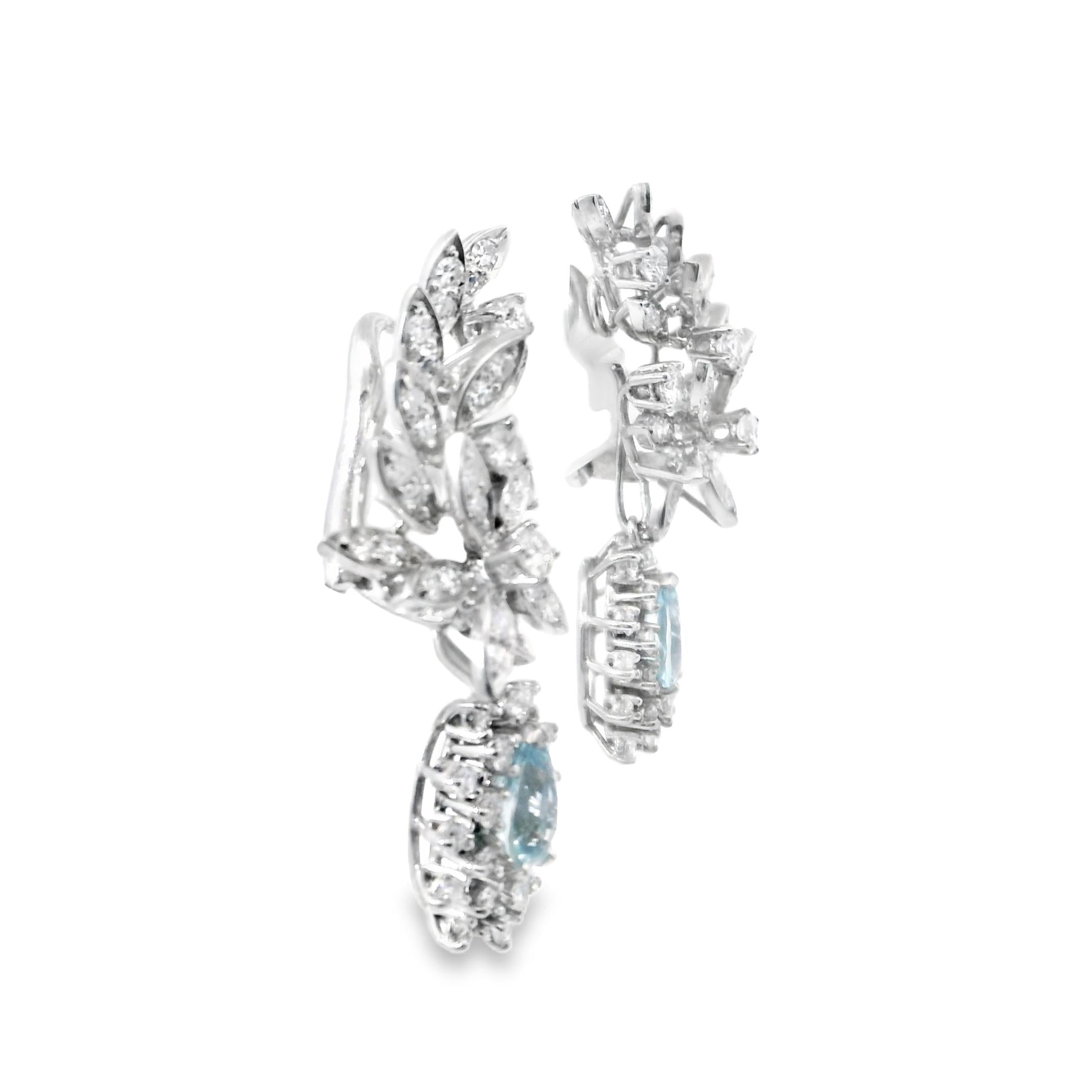 1960 Platinum Aquamarine and Diamond Floral Earrings
