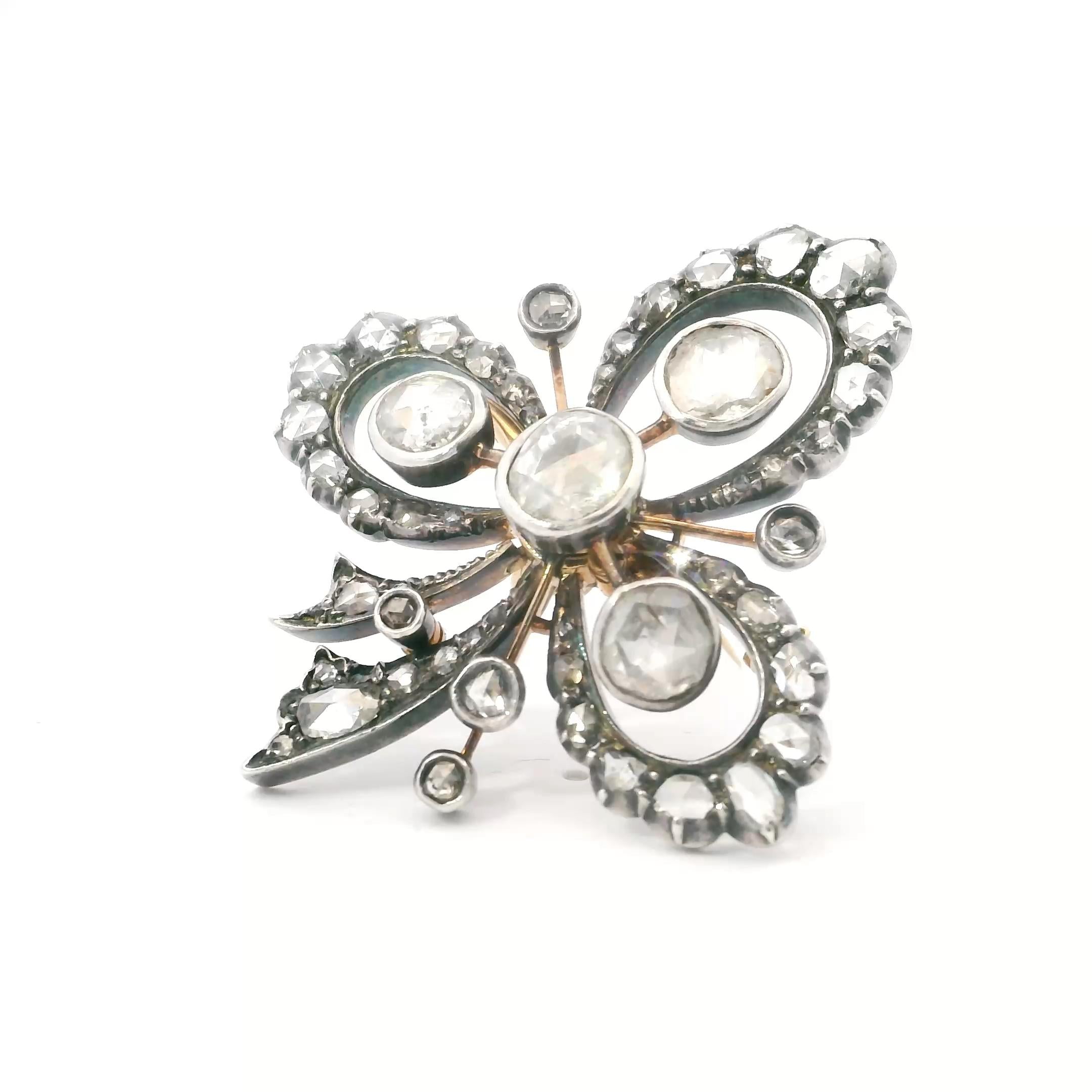 18k Gold on Silver Edwardian Flower Rose cut Diamond Pin
