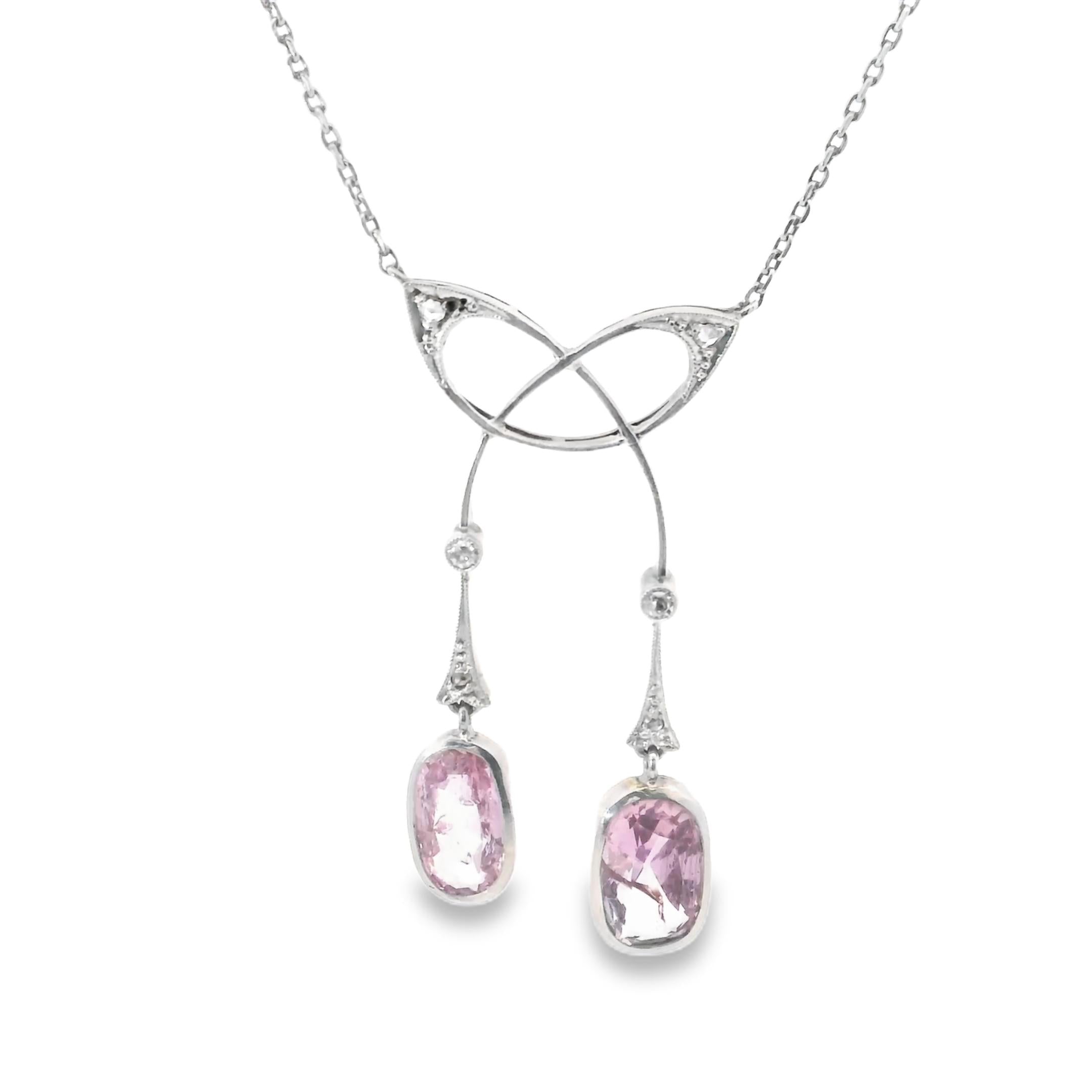 18K gold Platinum Belle Epoque Diamond Pink topaz Lavaliere Pendant Necklace