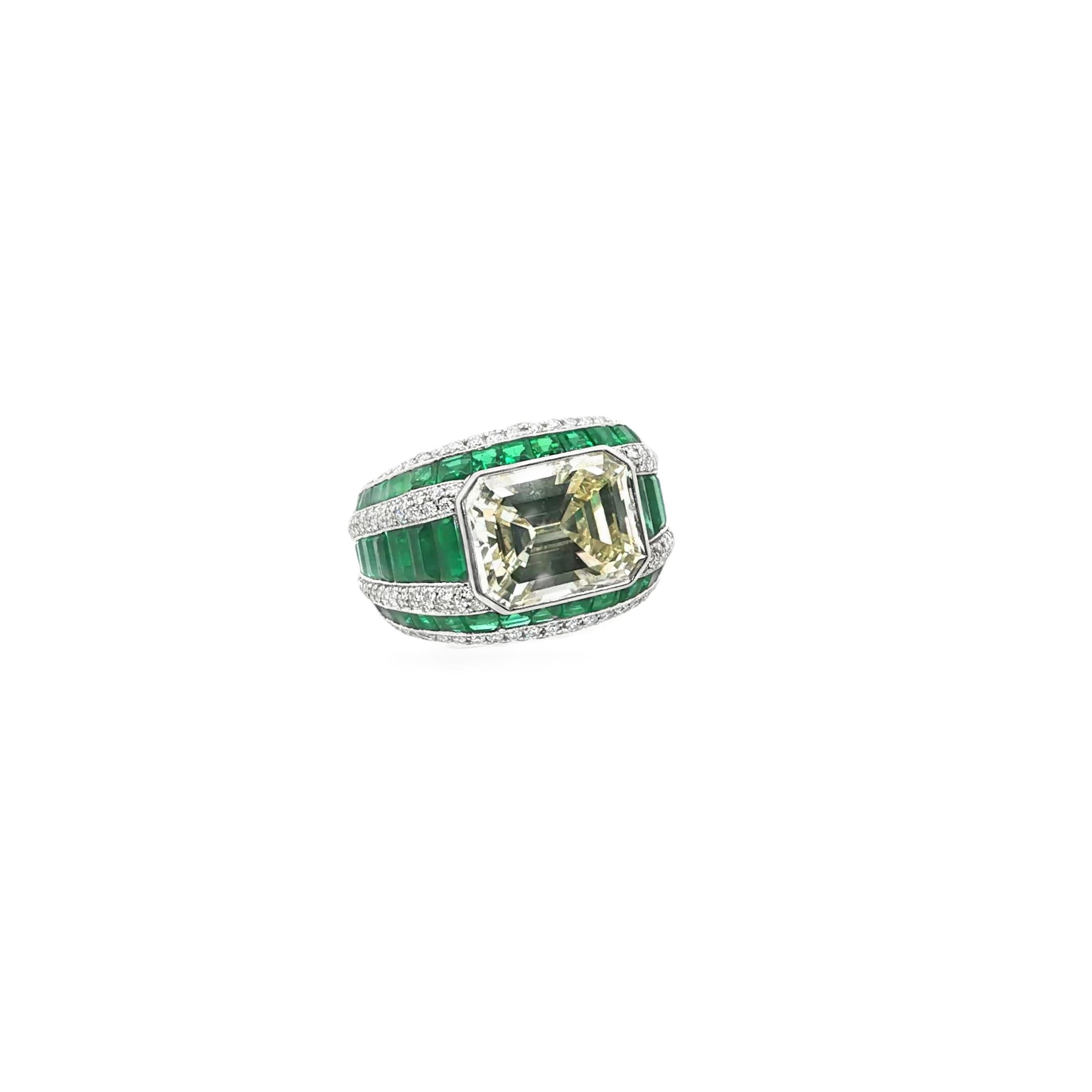 Platinum 5.82ct Emerald Cut Diamond and Emerald Ring