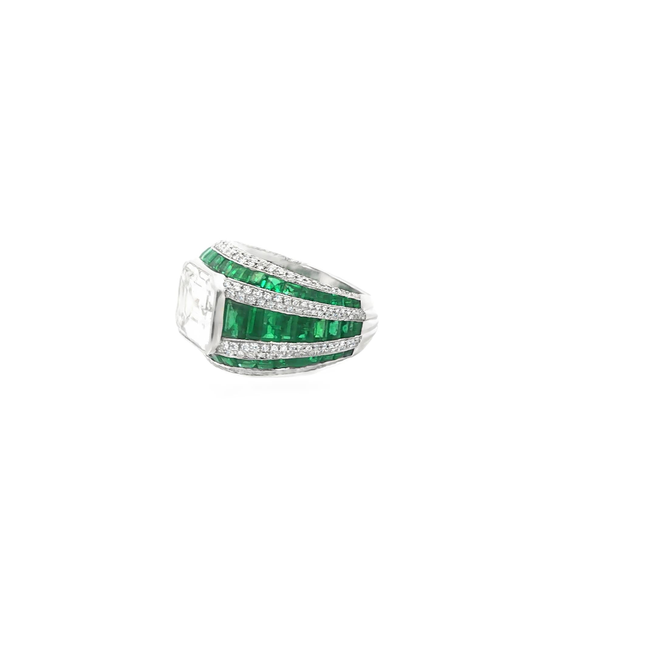 Platinum 5.82ct Emerald Cut Diamond and Emerald Ring