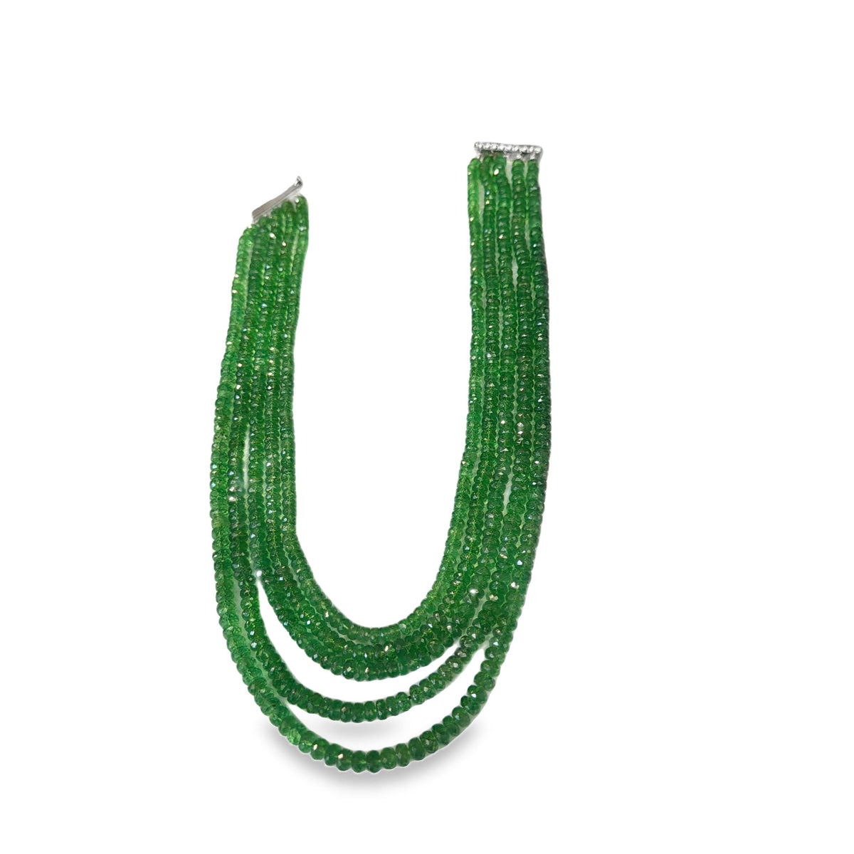 Vintage Five-Strand Emerald Bead Necklace with Diamond Platinum Clasp
