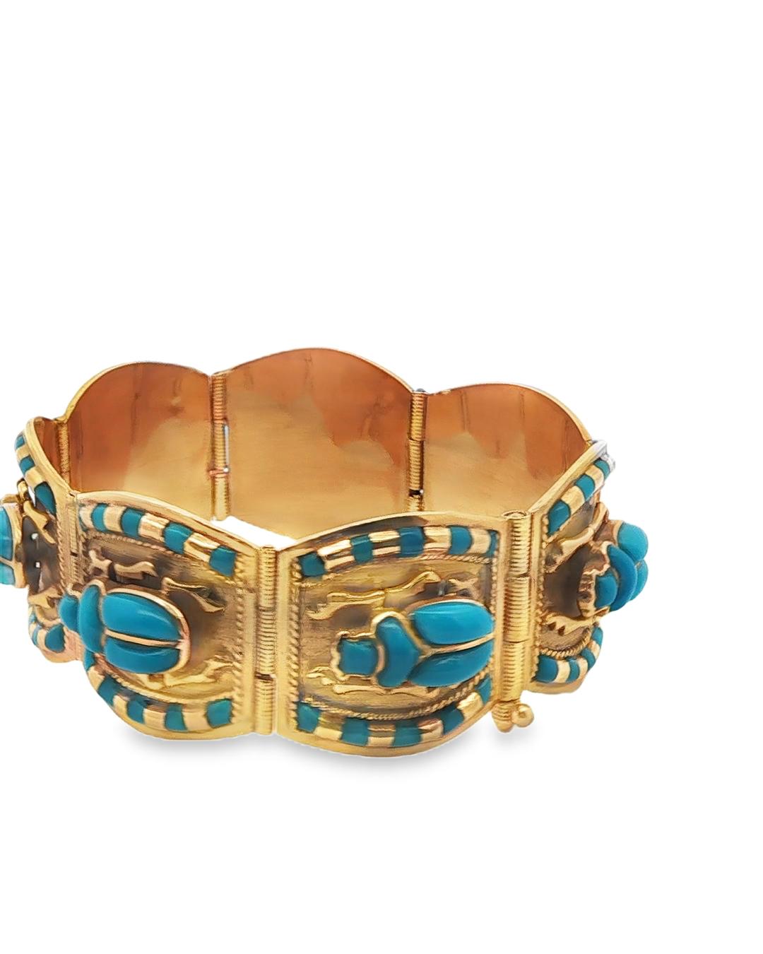 Egyptian Revival Glass and Gold Scarab Bracelet, circa 1970.