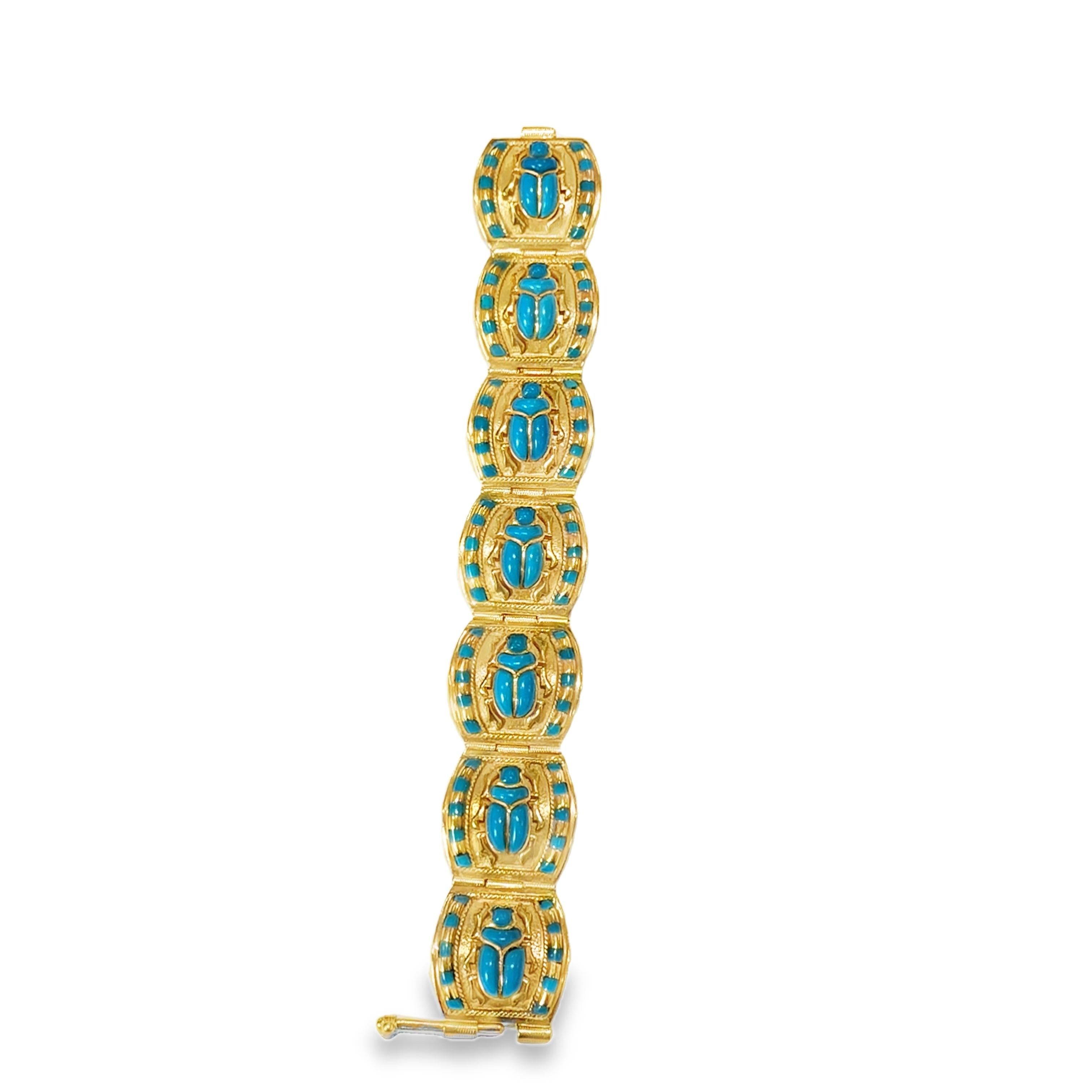 Egyptian Revival Glass and Gold Scarab Bracelet, circa 1970.