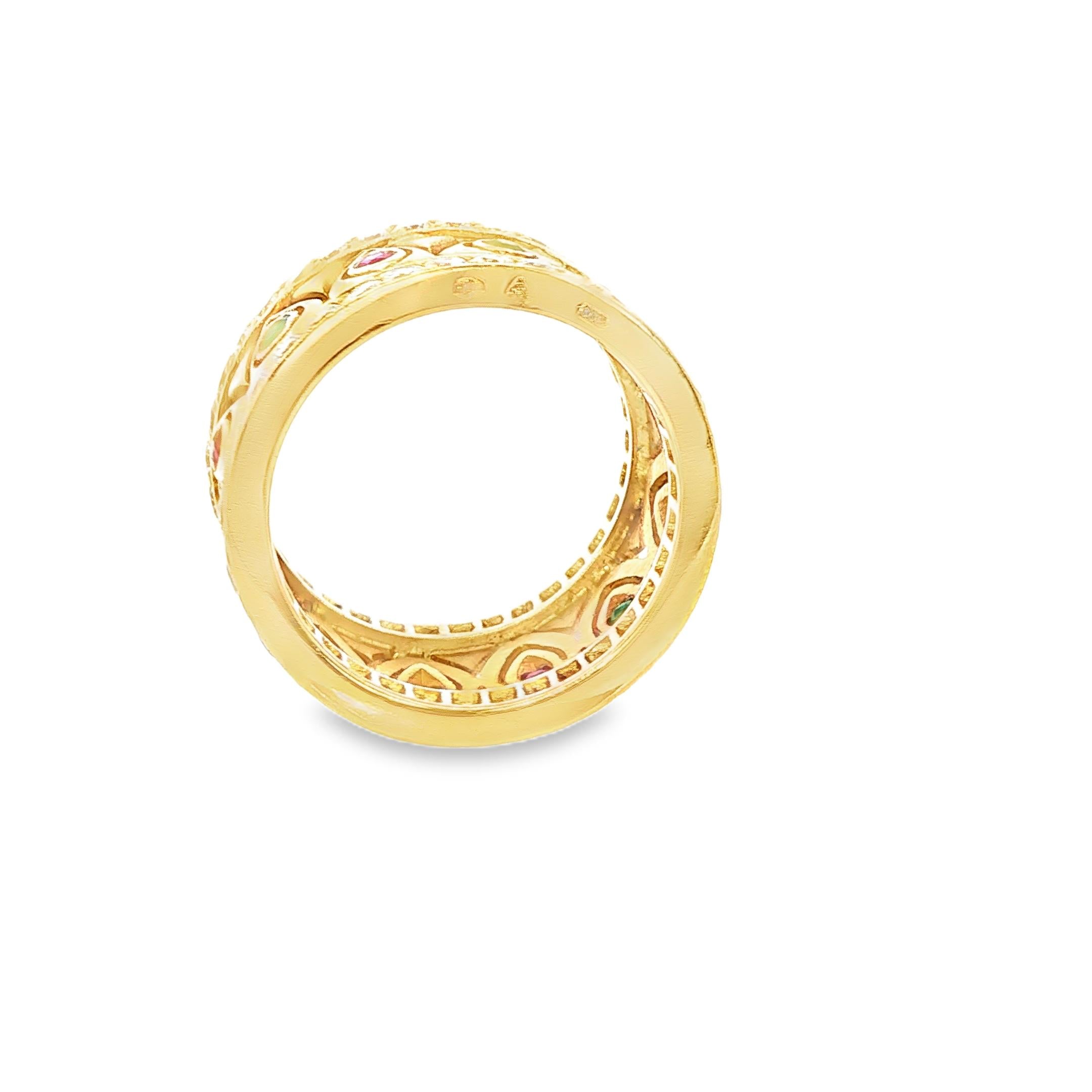 Cartier Tanjore Band Ring in 18K Gold with Diamonds, Rubies, and Emeralds 1980's