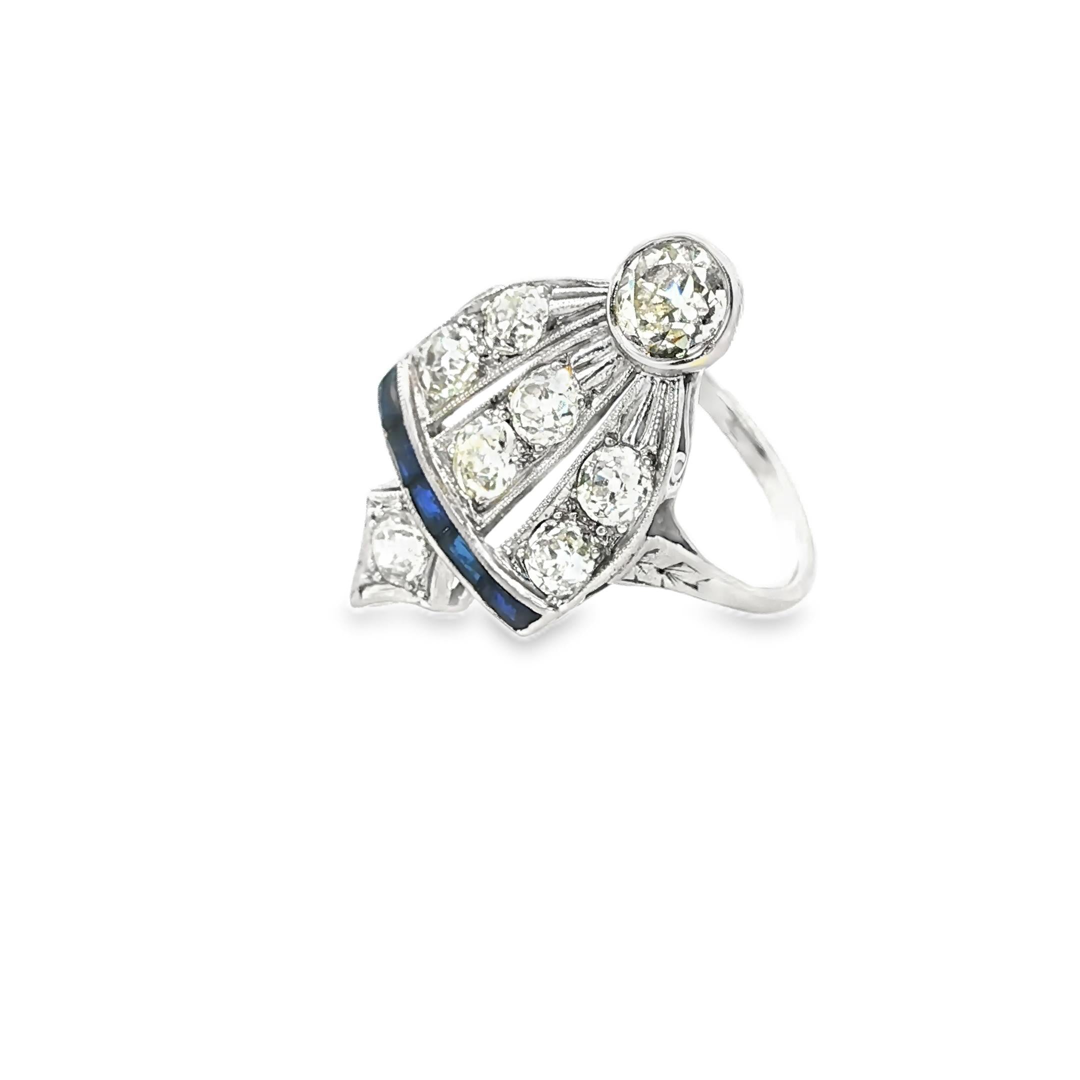 Platinum Art Deco Fan Ring with Diamonds & Sapphires, 1930s