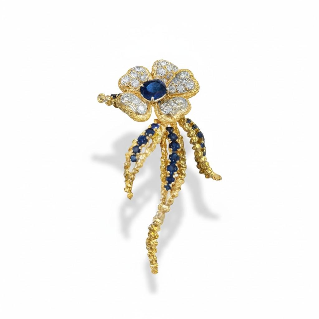 18K Sapphire Diamond Flower French Brooch 1970