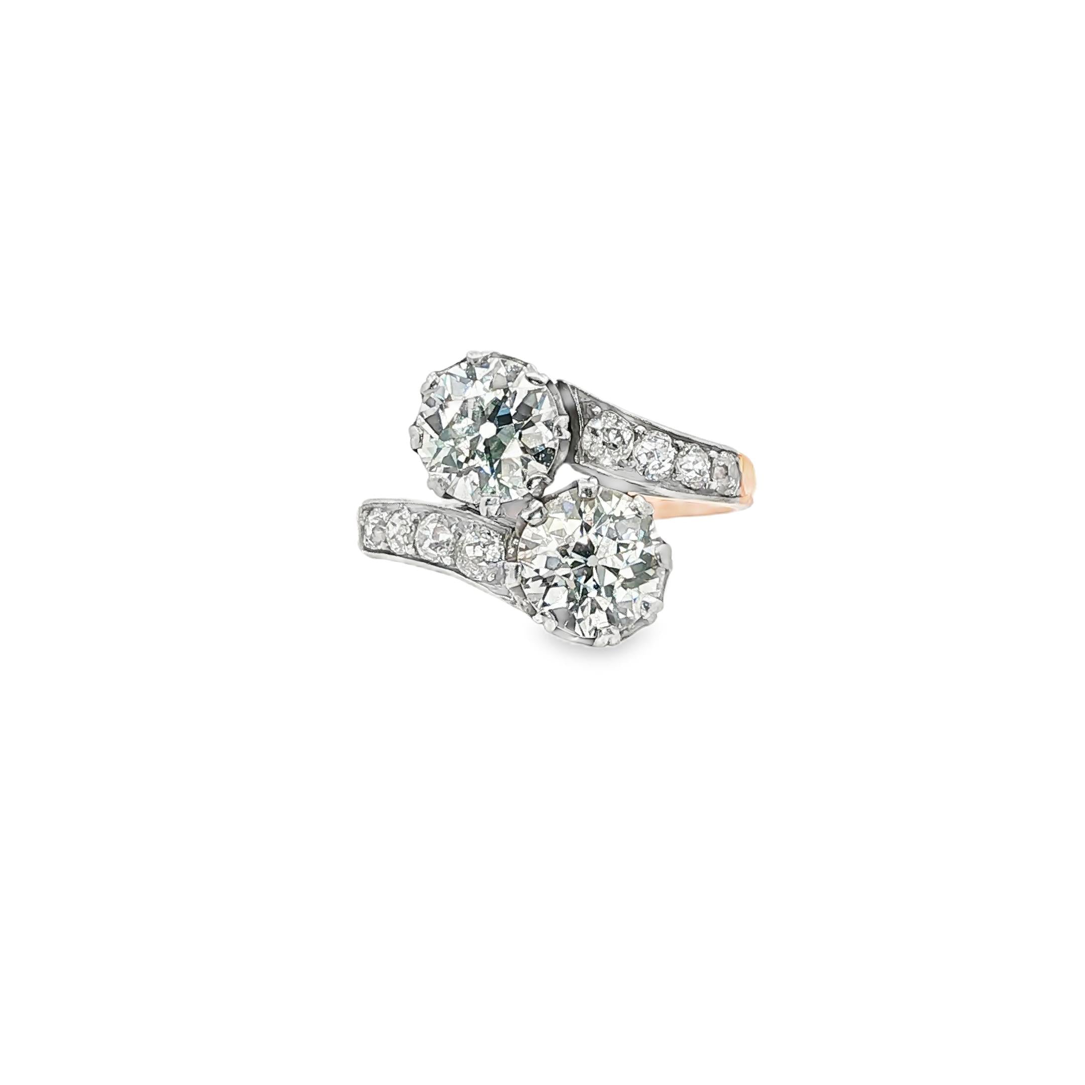French Victorian Diamond Toi et Moi Ring in Platinum and Gold