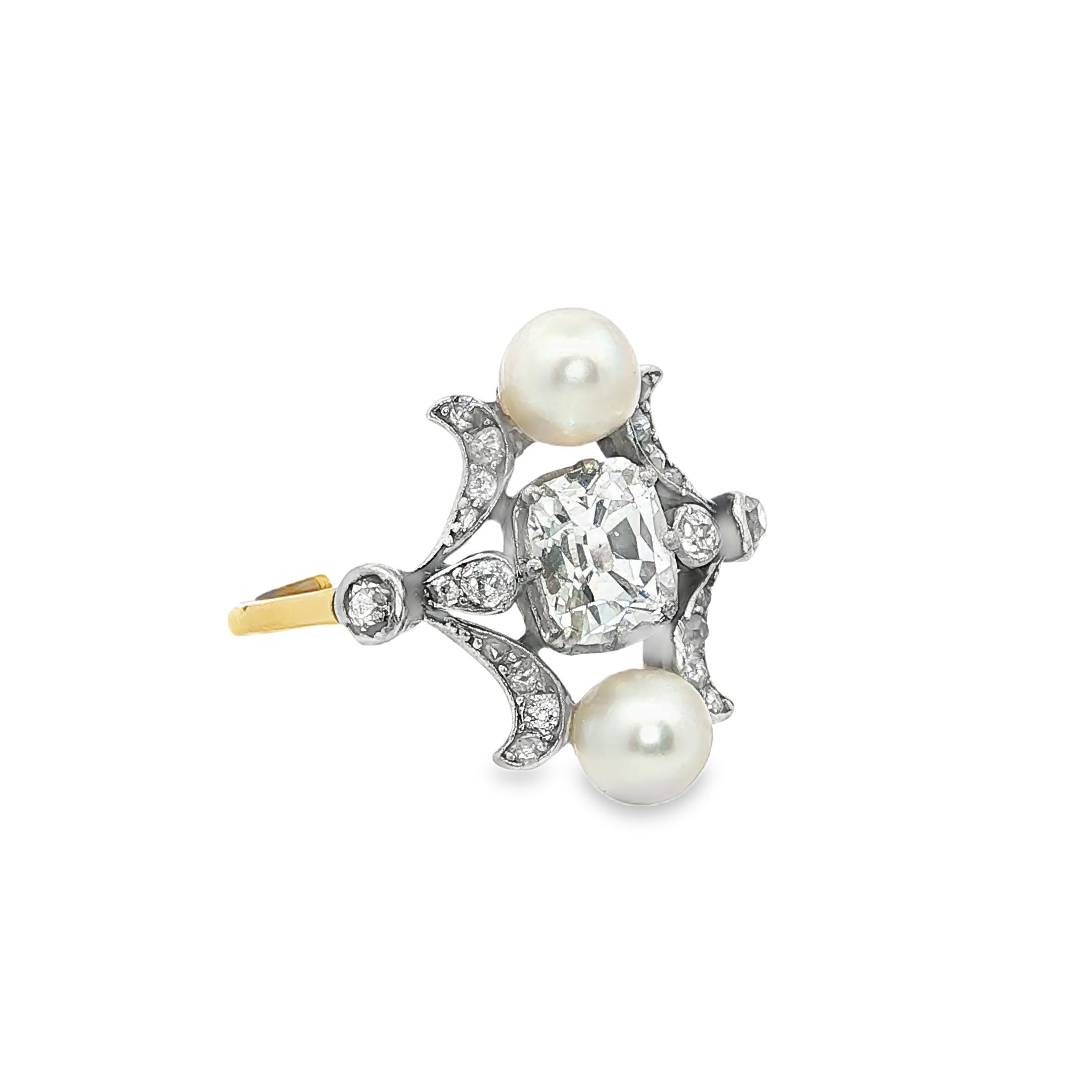18K Gold Platinum French Belle Epoque Diamond Naturel Pearl Ring