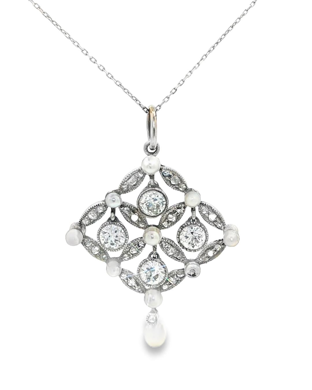 Platinum Art Deco Natural Pearl Diamond Pendant