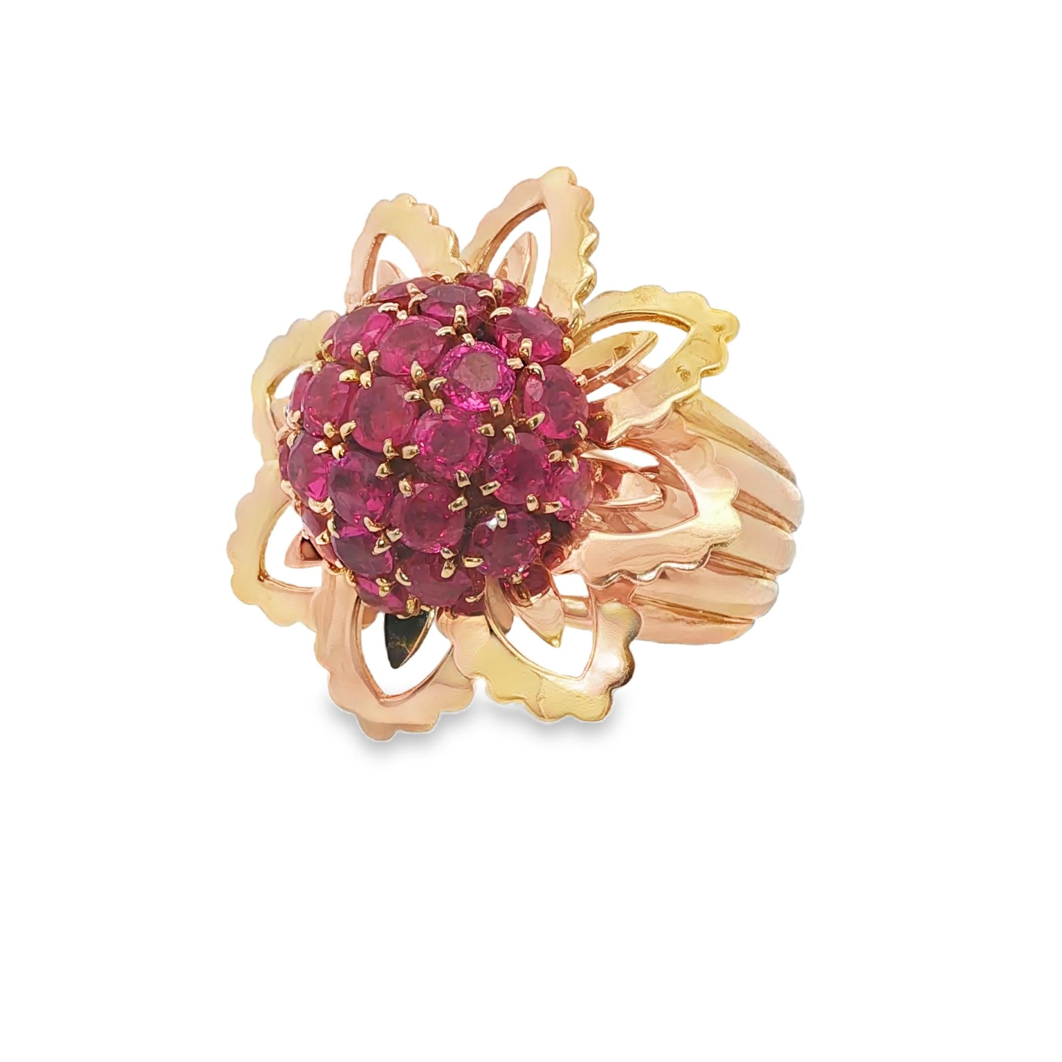 18K Yellow Gold Mauboussin Burma No Heat Ruby Flower Retro Ring