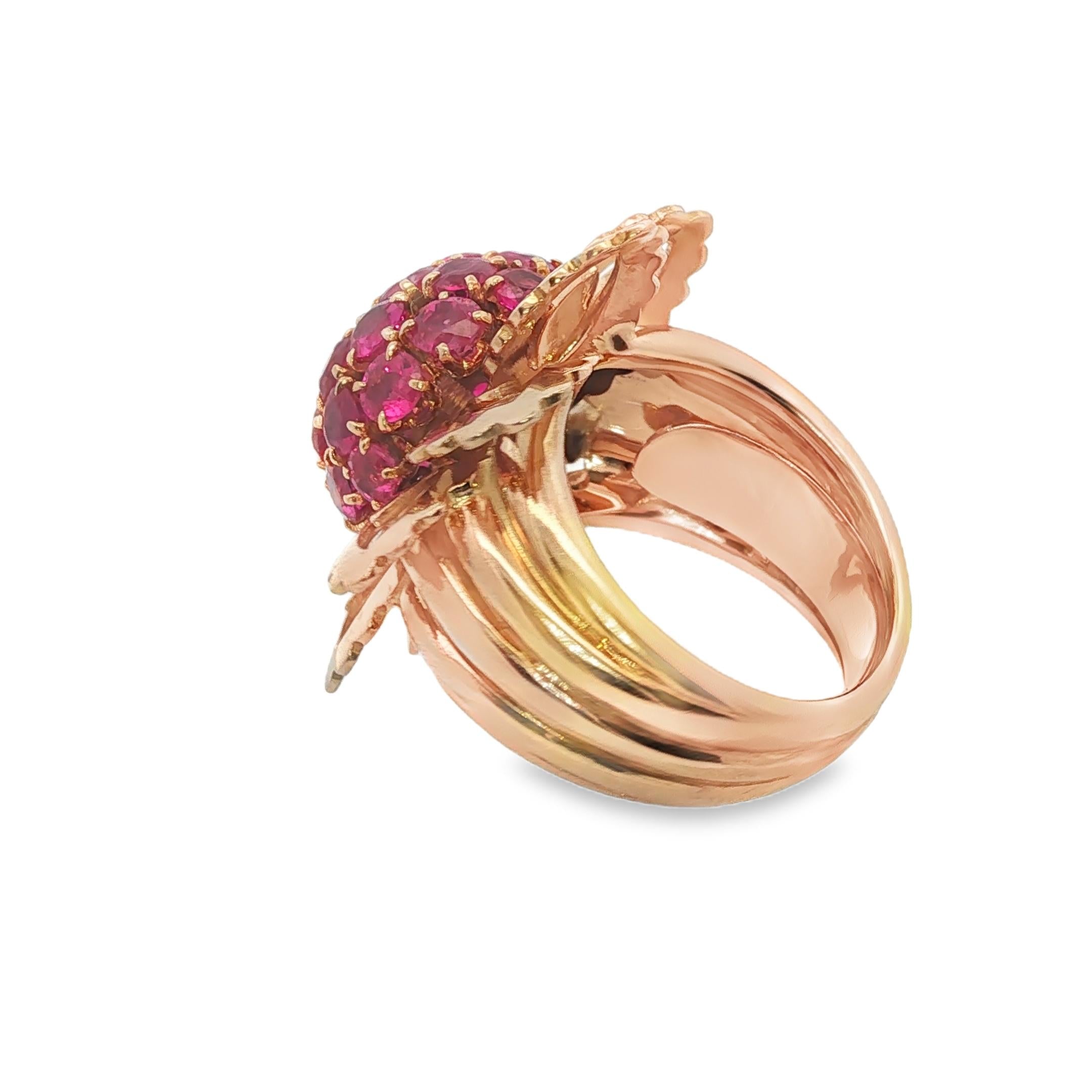 18K Yellow Gold Mauboussin Burma No Heat Ruby Flower Retro Ring