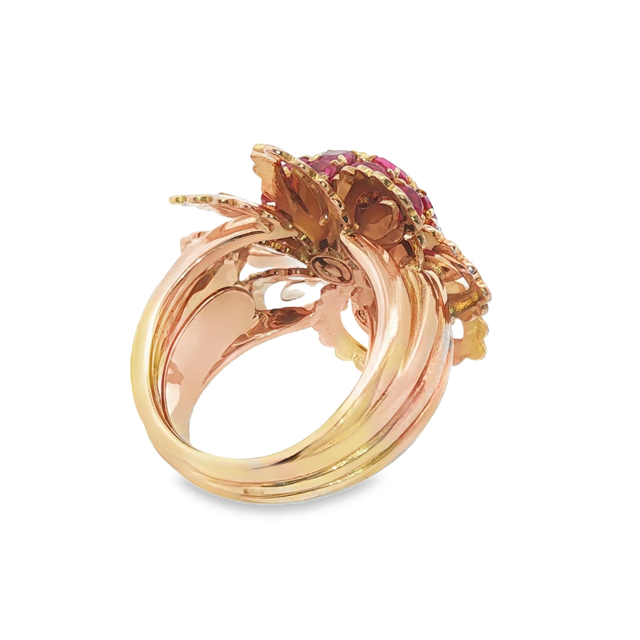 18K Yellow Gold Mauboussin Burma No Heat Ruby Flower Retro Ring