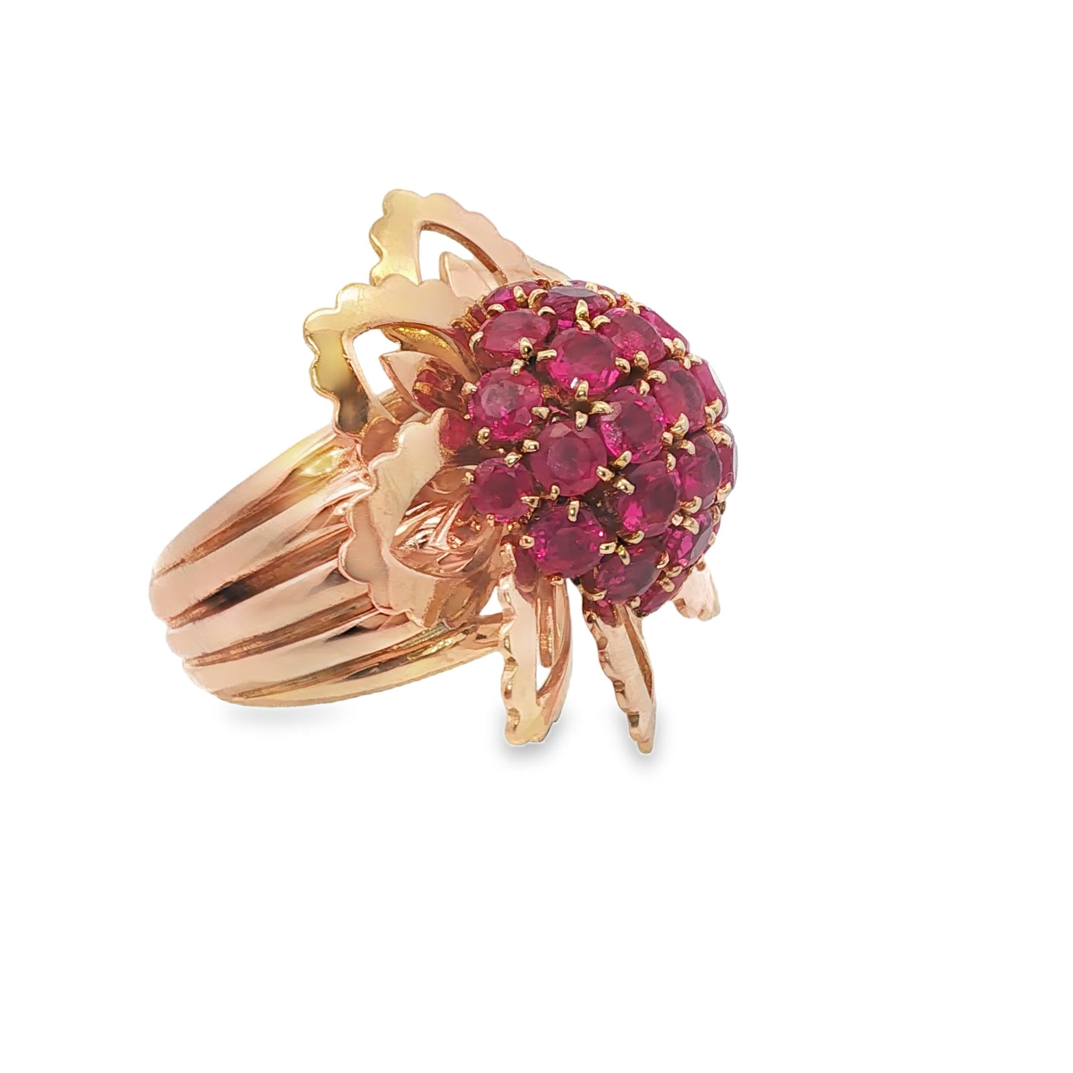 18K Yellow Gold Mauboussin Burma No Heat Ruby Flower Retro Ring