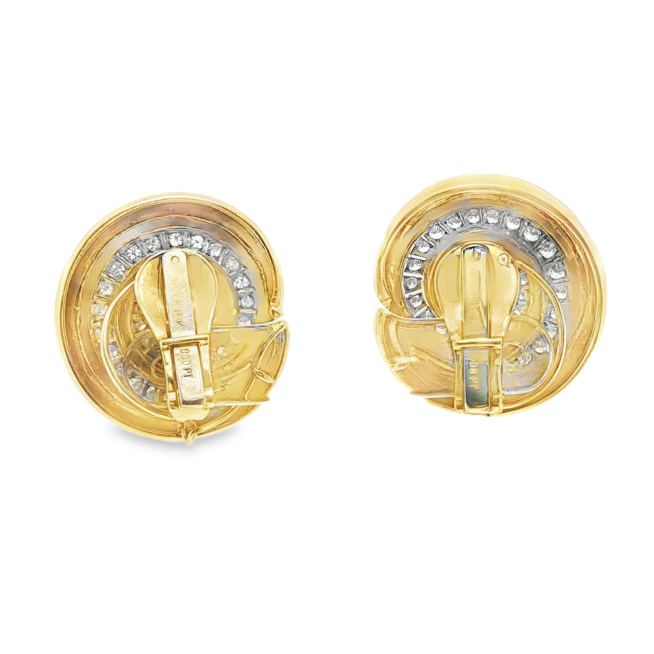David Webb Diamond Swirl Earrings 18k Yellow Gold & Platinum, Circa 1980s