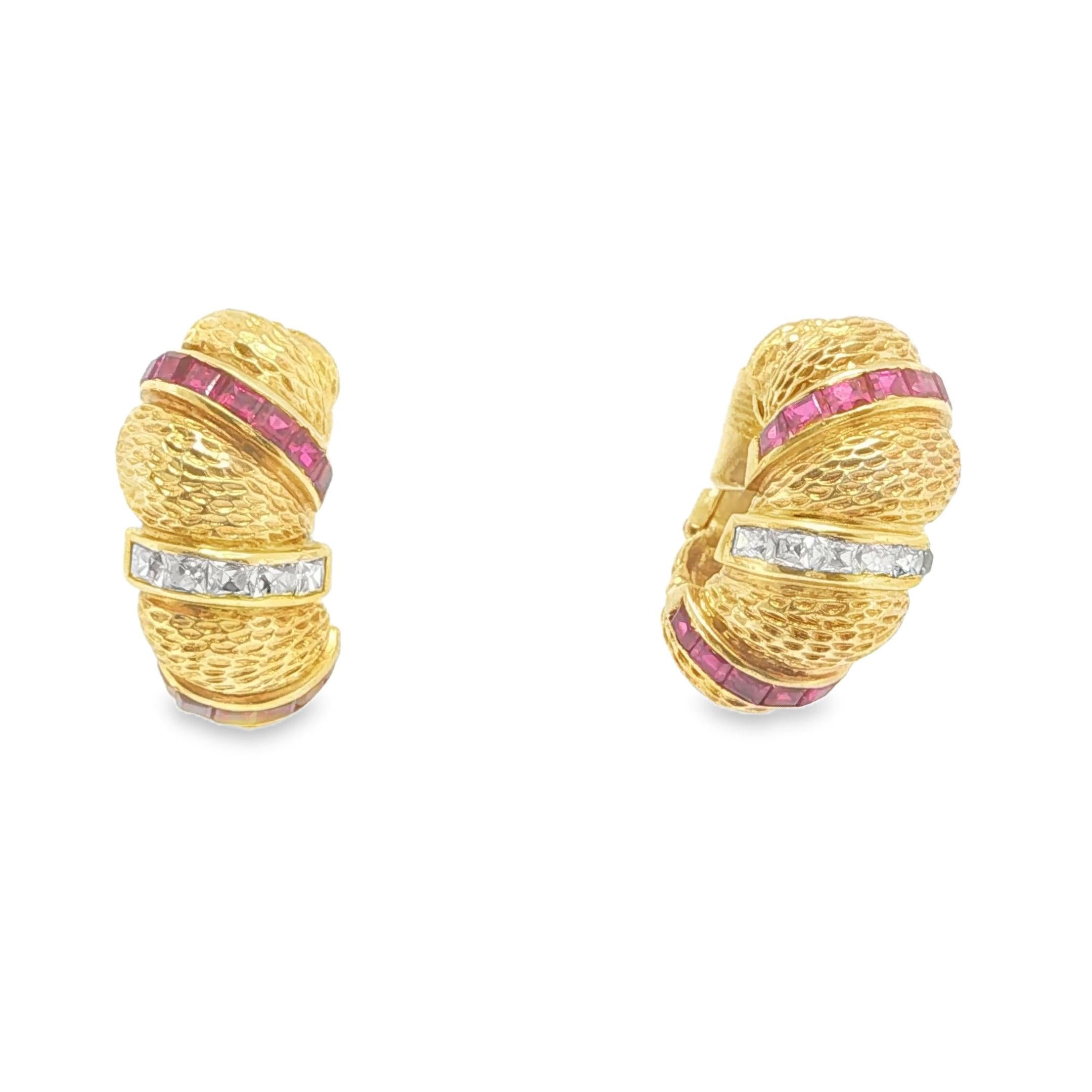 18K Gold French Cut Diamond Ruby Textured Earrings