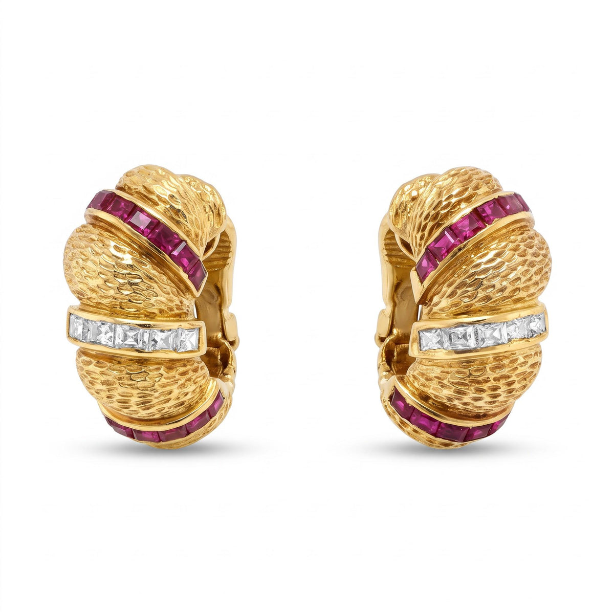 18K Gold French Cut Diamond Ruby Textured Earrings