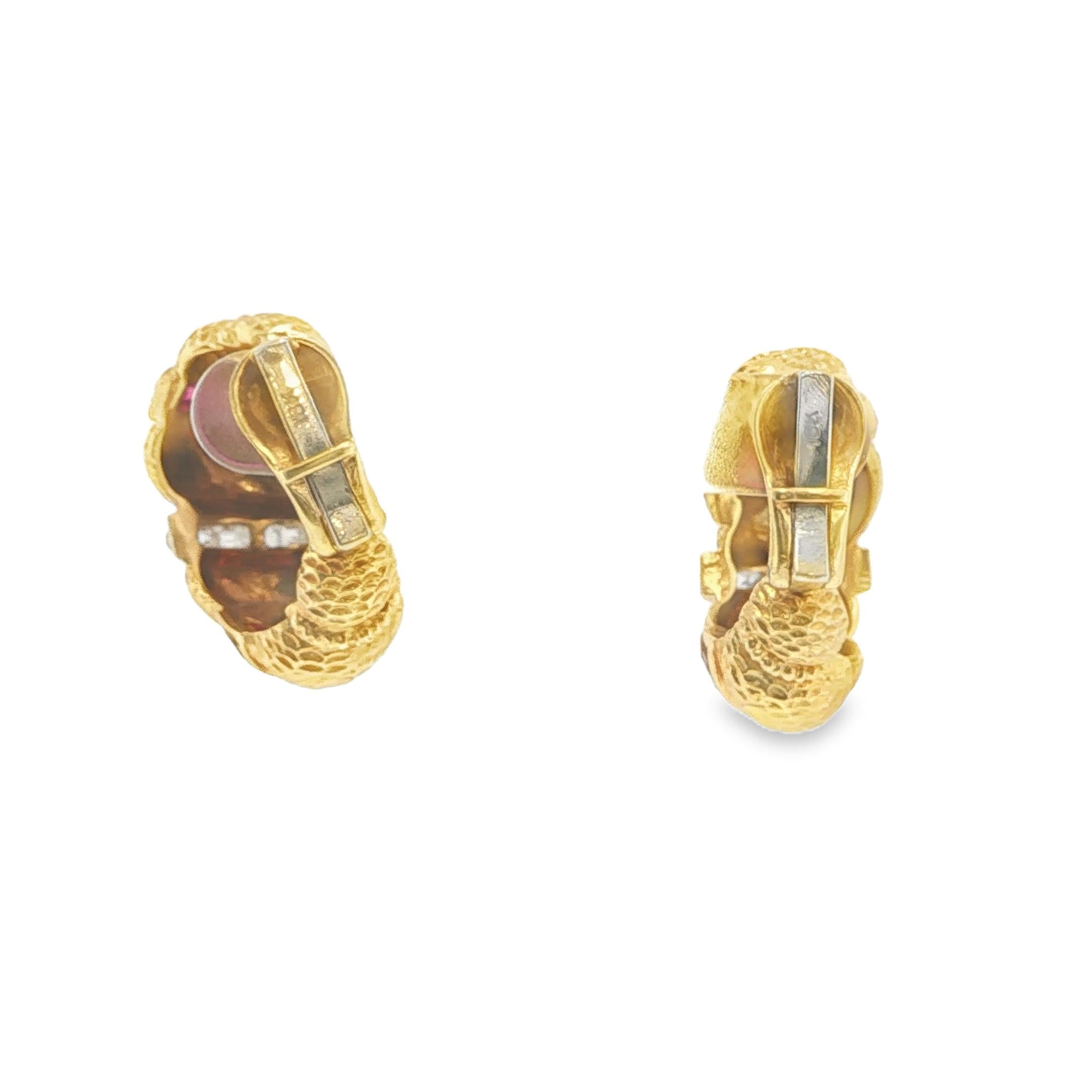 18K Gold French Cut Diamond Ruby Textured Earrings