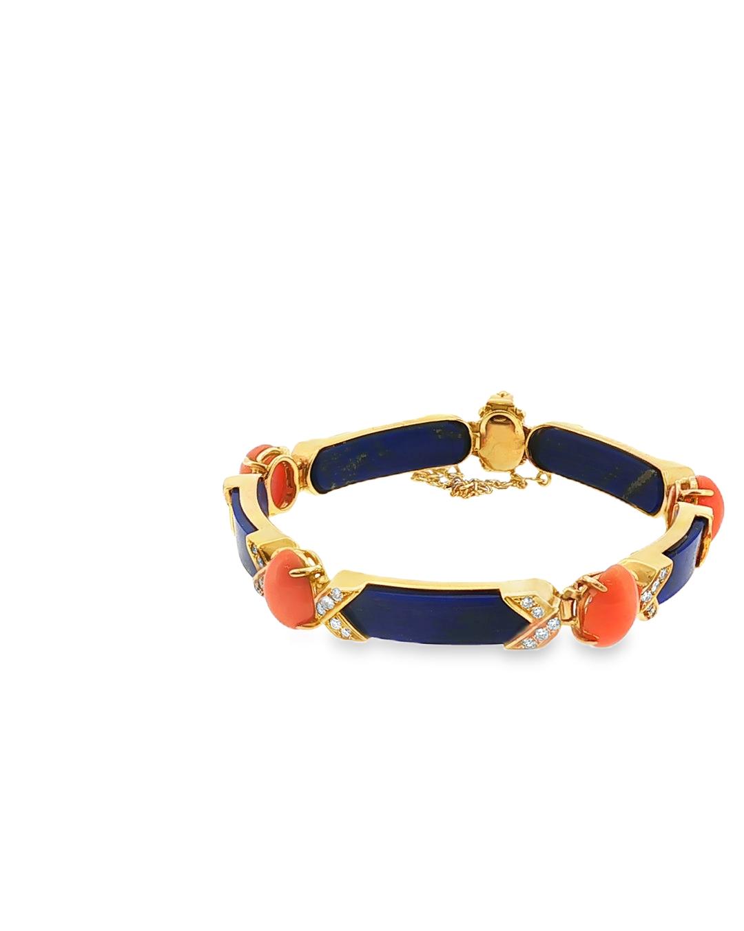 Van Cleef & Arpels Coral, Lapis & Diamond Bracelet 18K Yellow Gold, France, 1960