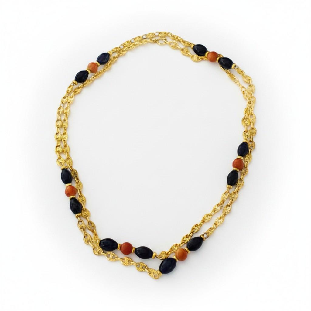 1970s Gold Coral and Sodalite Sautoir