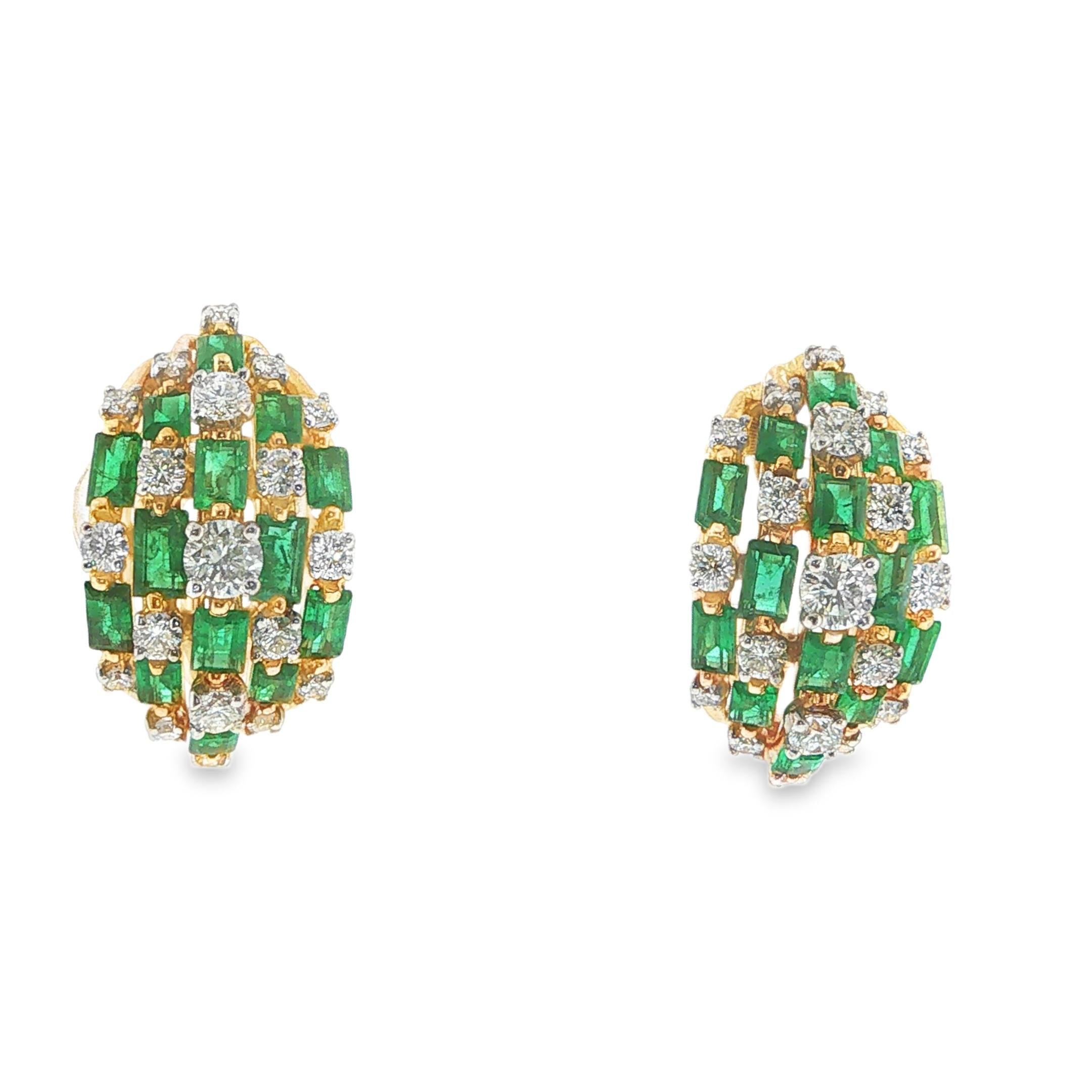 Oscar Heyman 18k Yellow Gold Calibré-Cut Emerald and Diamond Earrings,Circa 1970