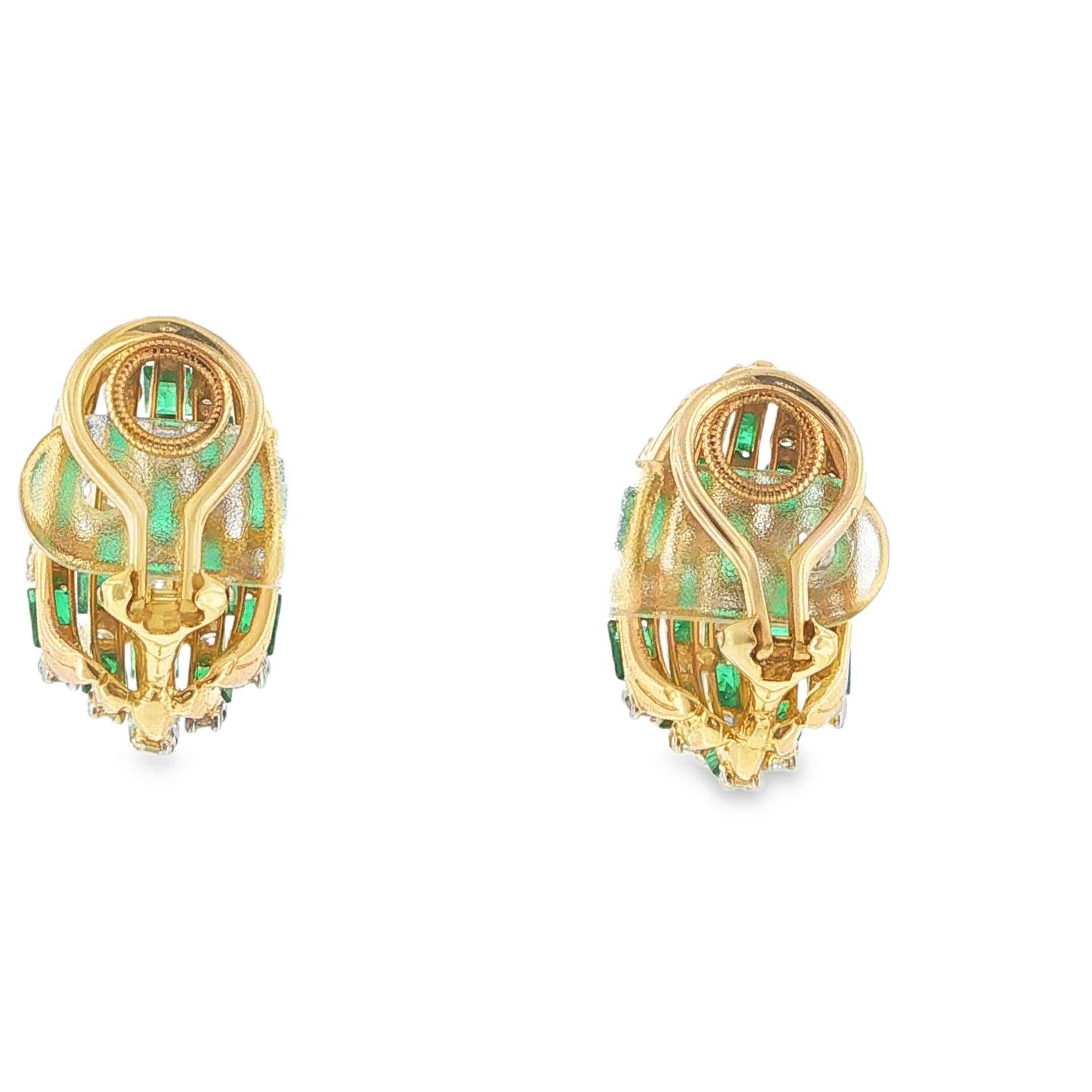 Oscar Heyman 18k Yellow Gold Calibré Cut Emerald and Diamond Earrings Circa 1970