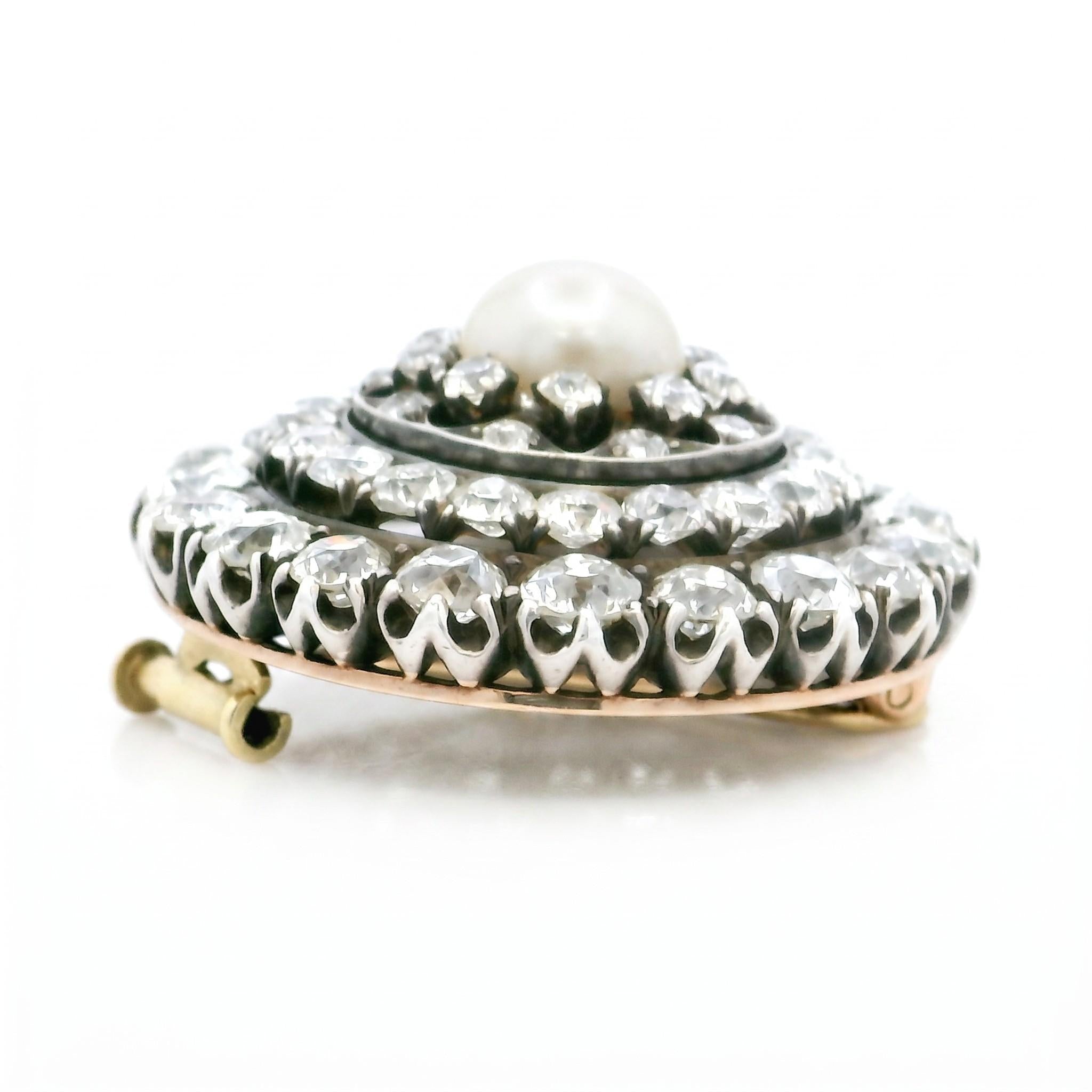 Victorian Natural Pearl and Old Mine Cut Diamond Brooch