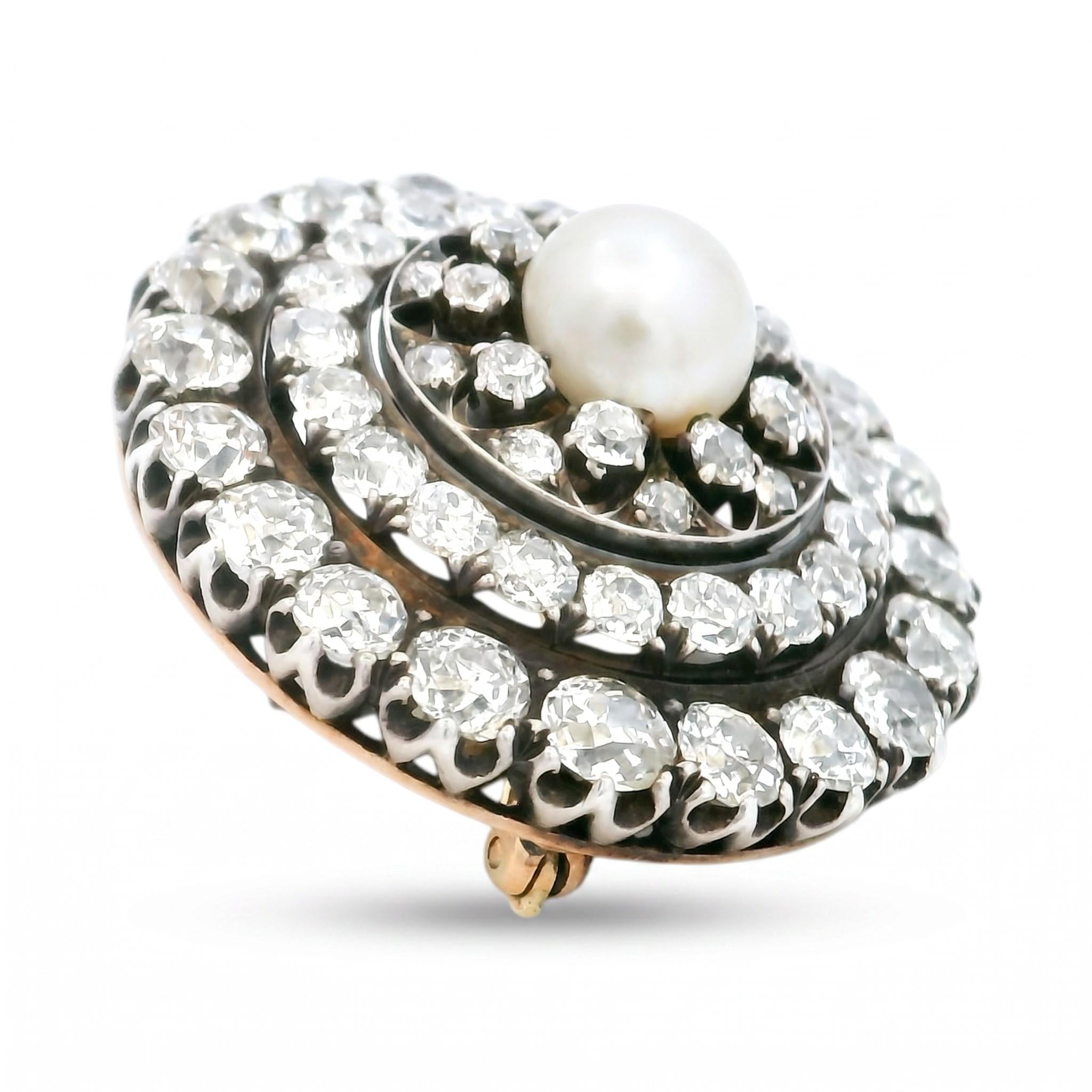 Victorian Natural Pearl and Old Mine Cut Diamond Brooch