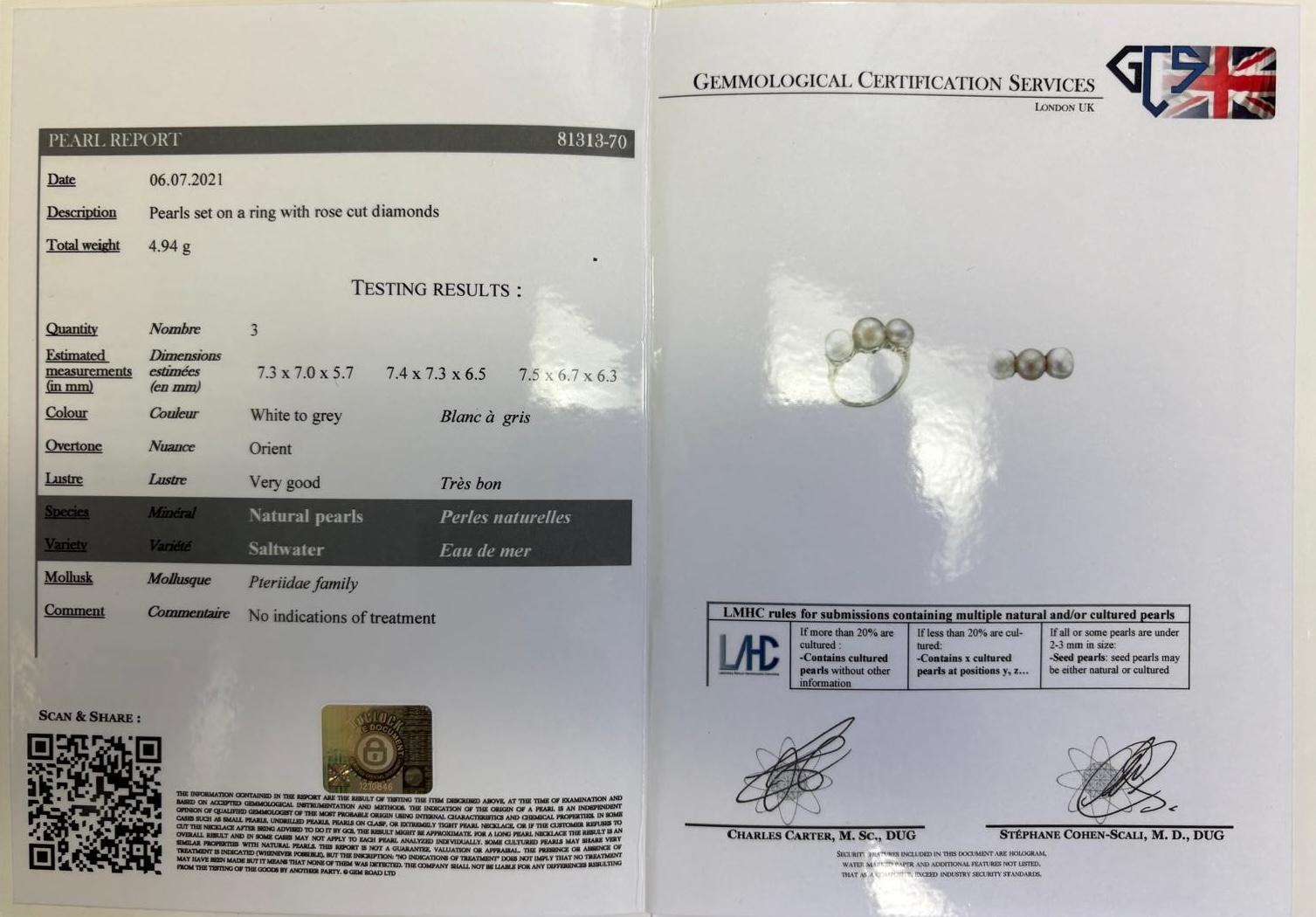 1930 Platinum Ring with Three Natural White Pearls