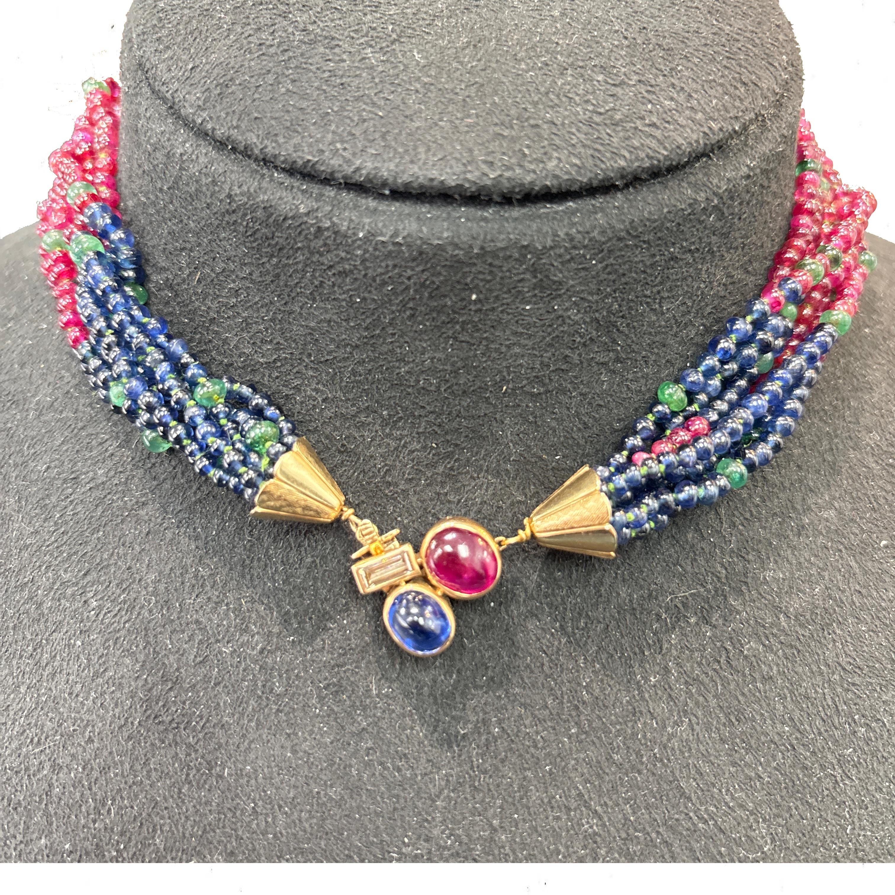 14K Retro Ruby Emerald Sapphire Beads Necklace with Ruby Sapphire Diamond Claps