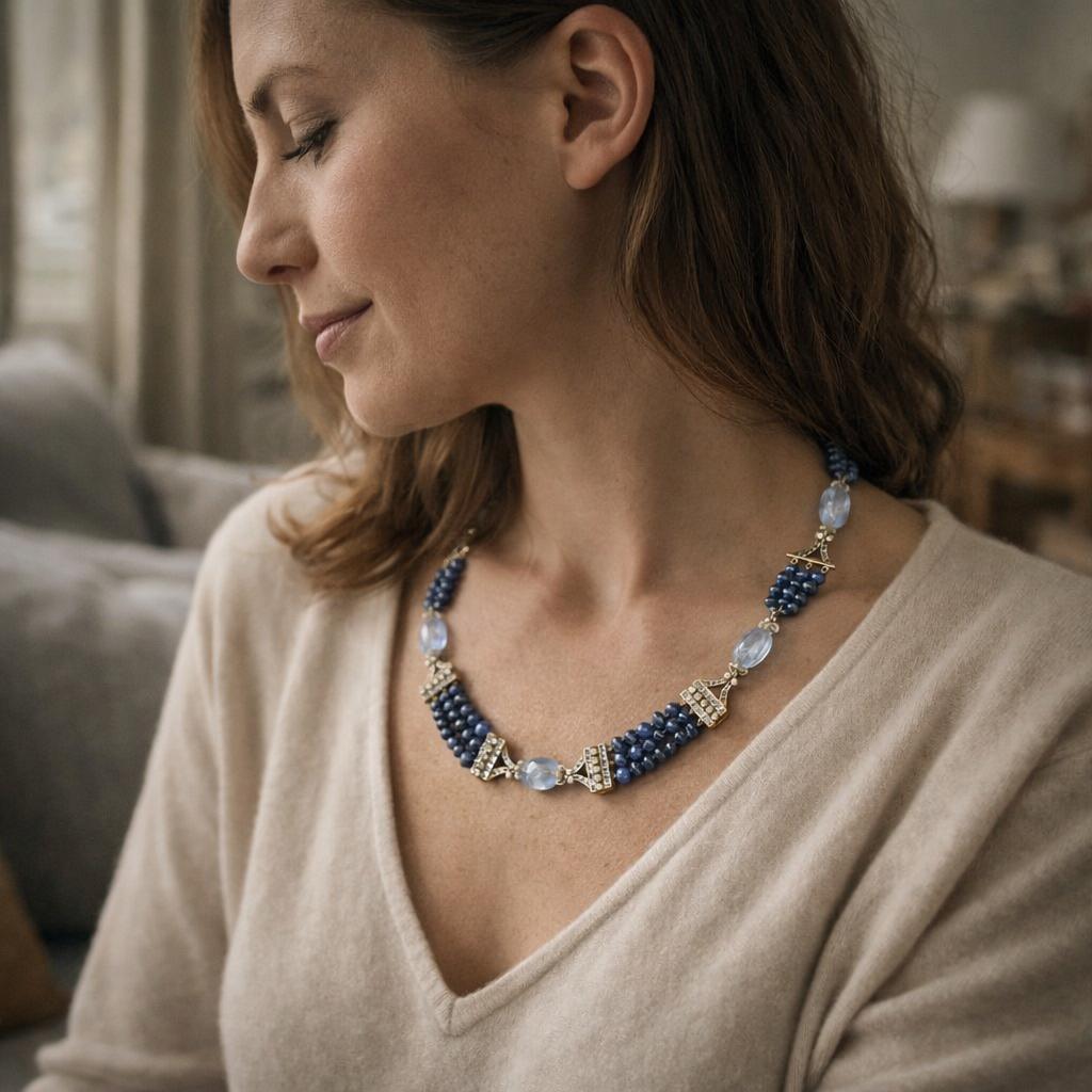A sapphire and diamond bead necklace.