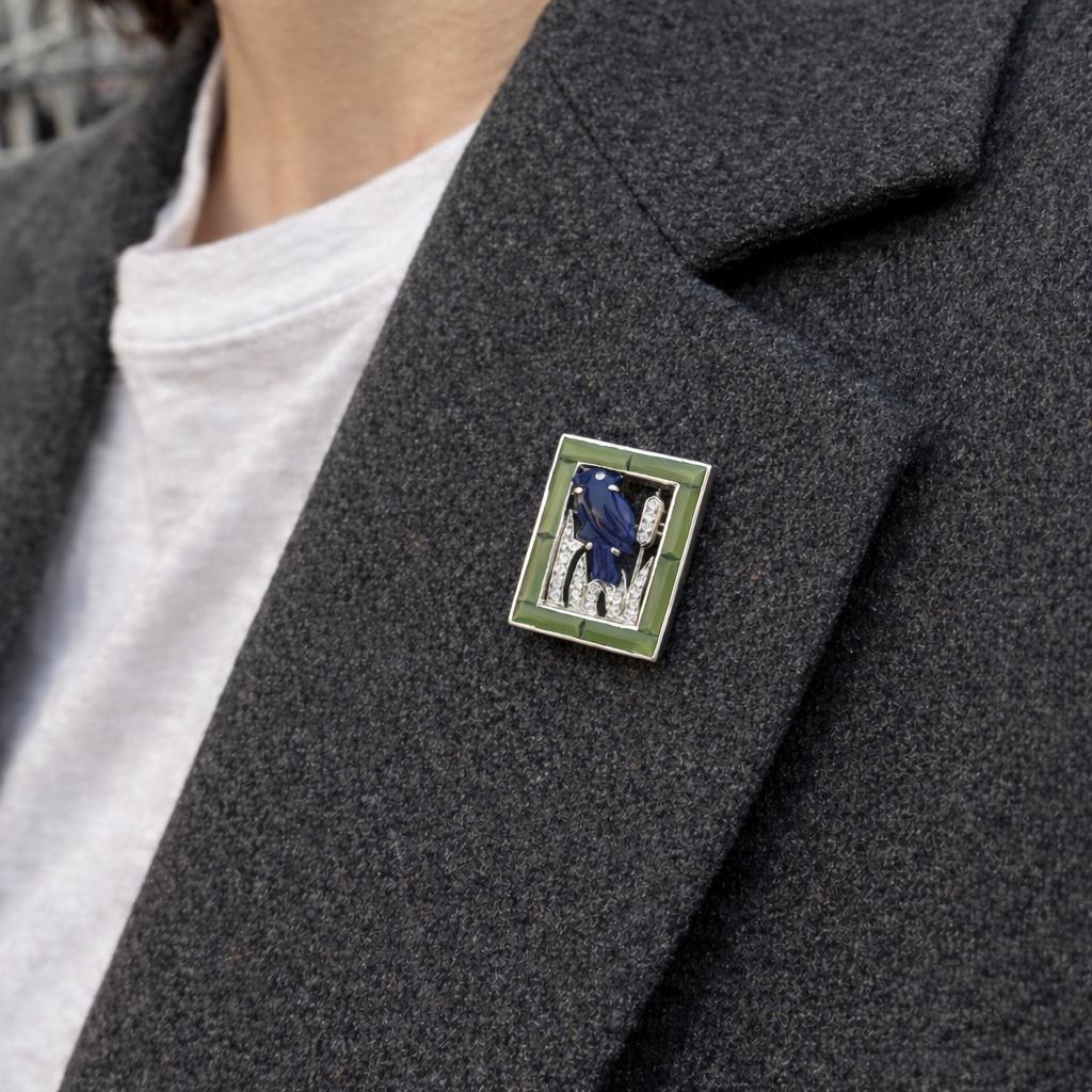 Cartier Lapis Lazuli, Nephrite & Diamond Bird Brooch Circa 1930