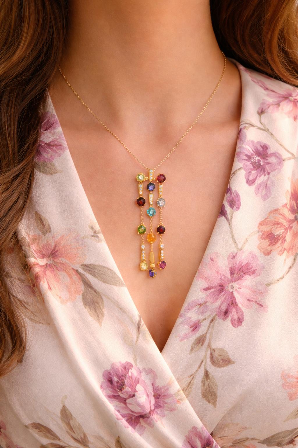 18K Yellow Gold Topaz Amethyst Citrine Peridot Diamond Dangle Pendant