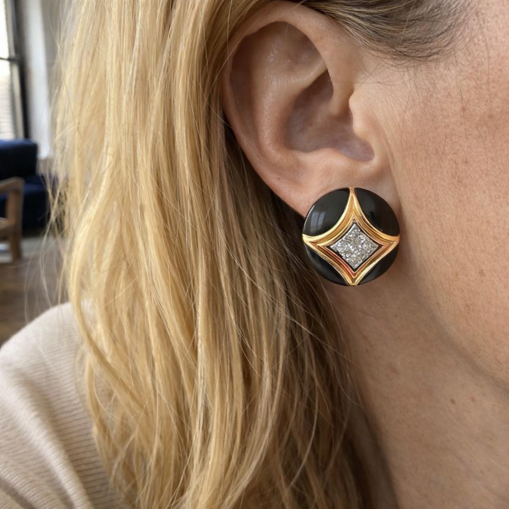 18K Gold Van Cleef & Arpels Onyx and Diamond Earrings