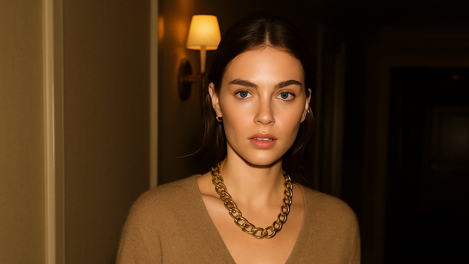 Woman wearing a brown outfit with a necklace in a dimly lit room.