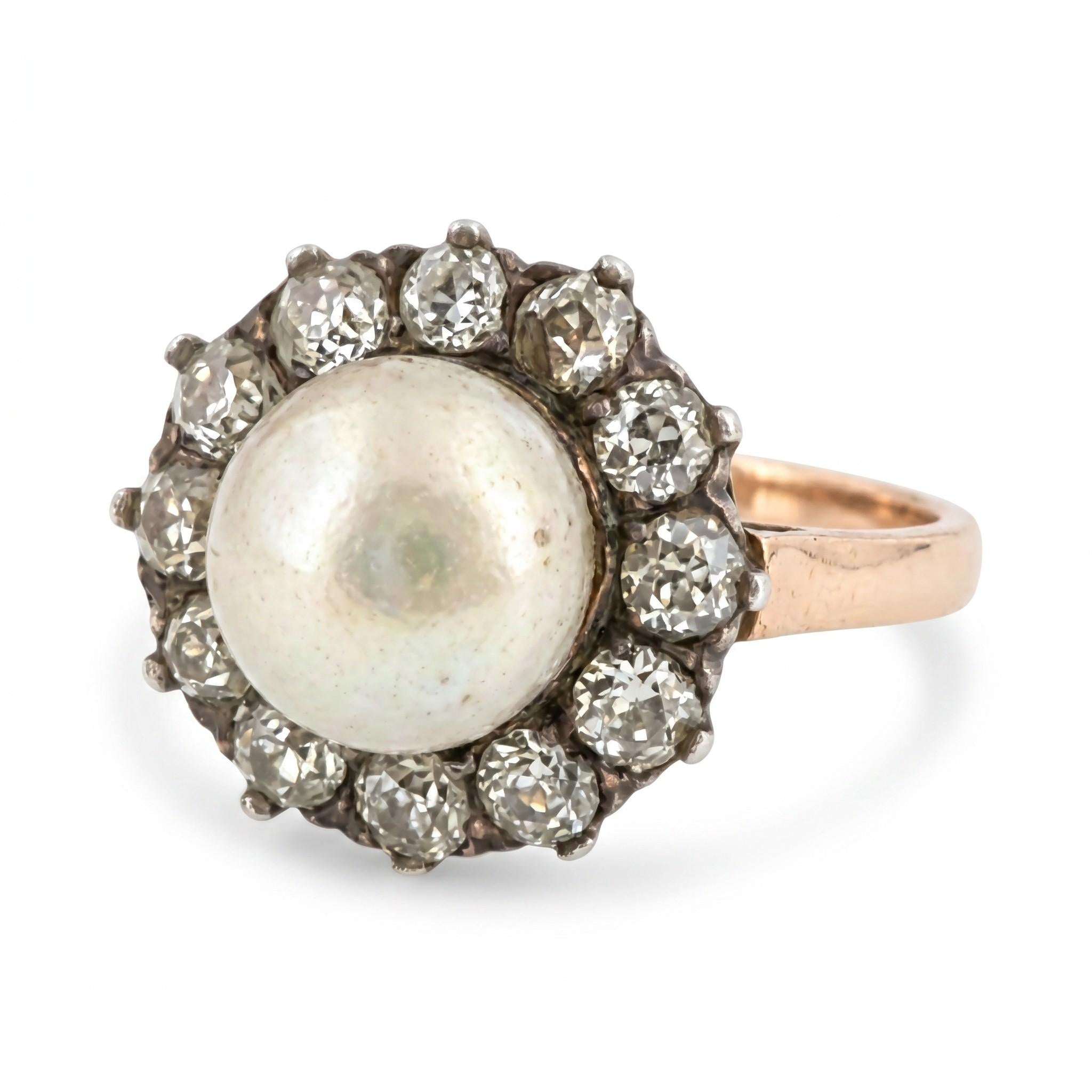 18K Gold Victorian Natural Pearl Diamond Ring