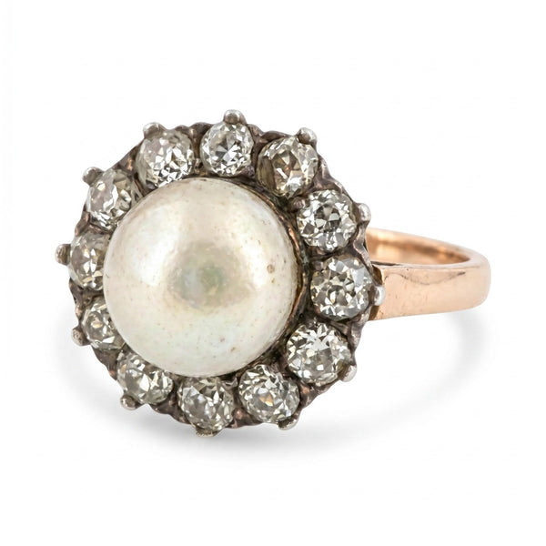 18K Gold Victorian Natural Pearl Diamond Ring